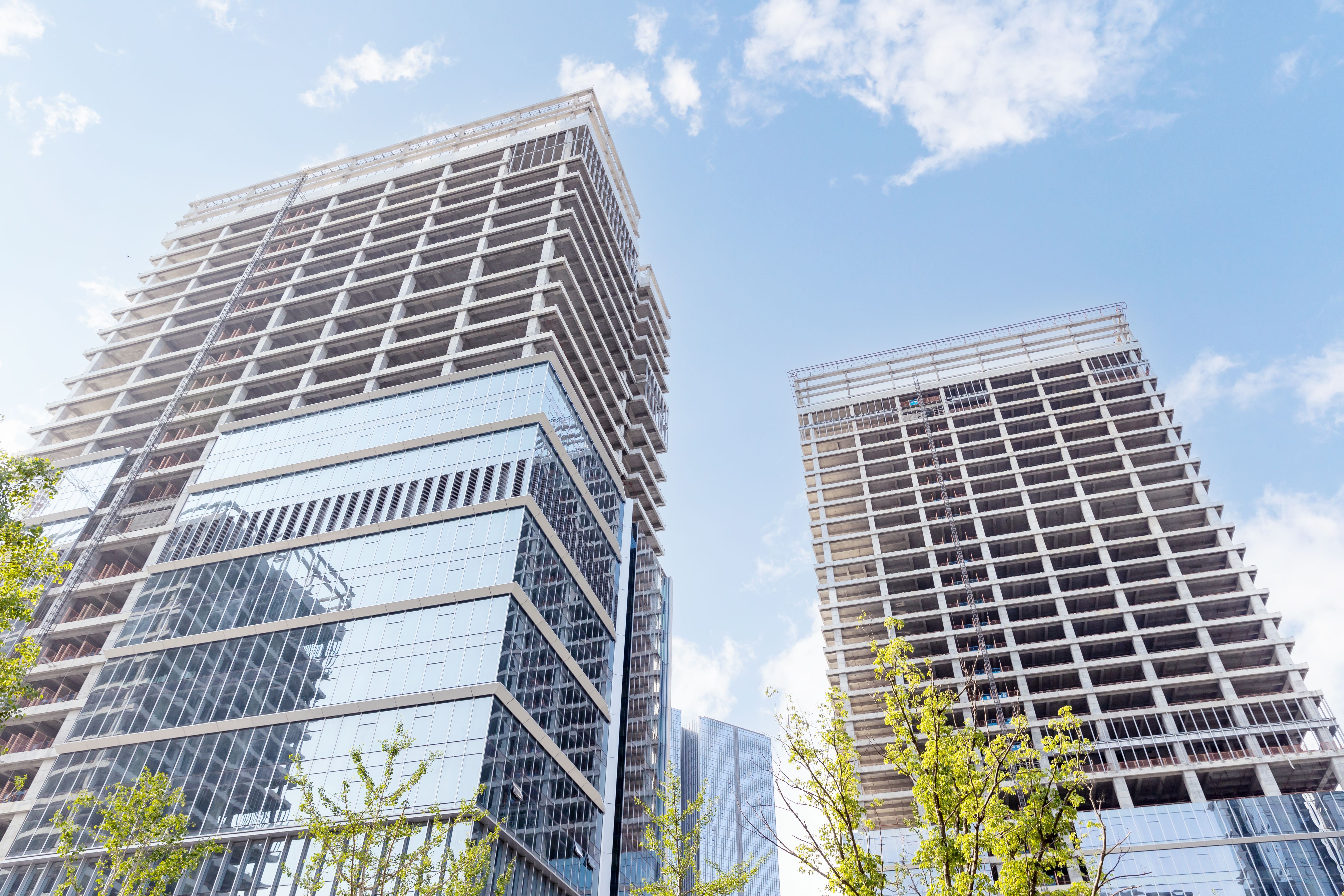 Looking up view of futuristic building