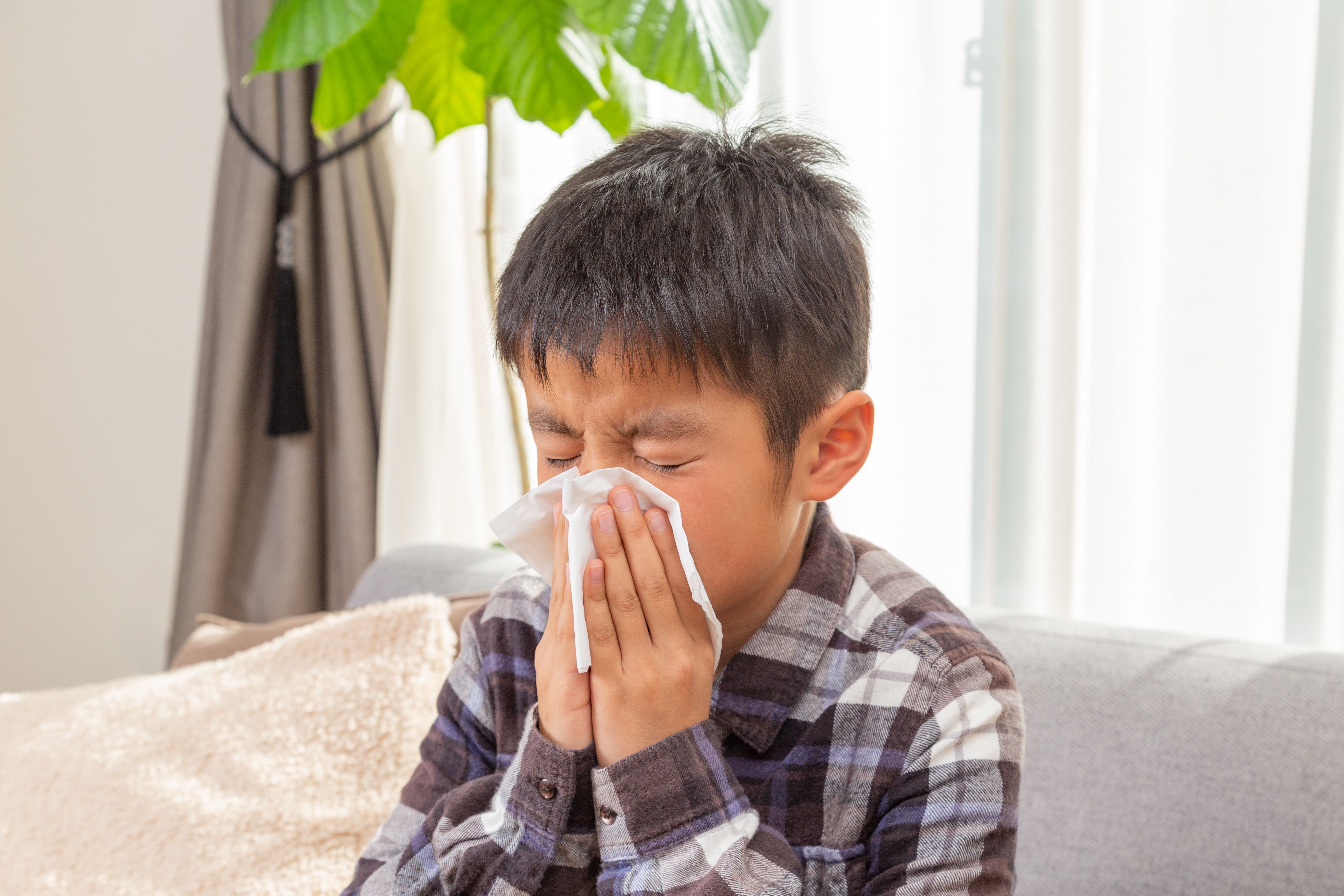 A boy blowing his nose.