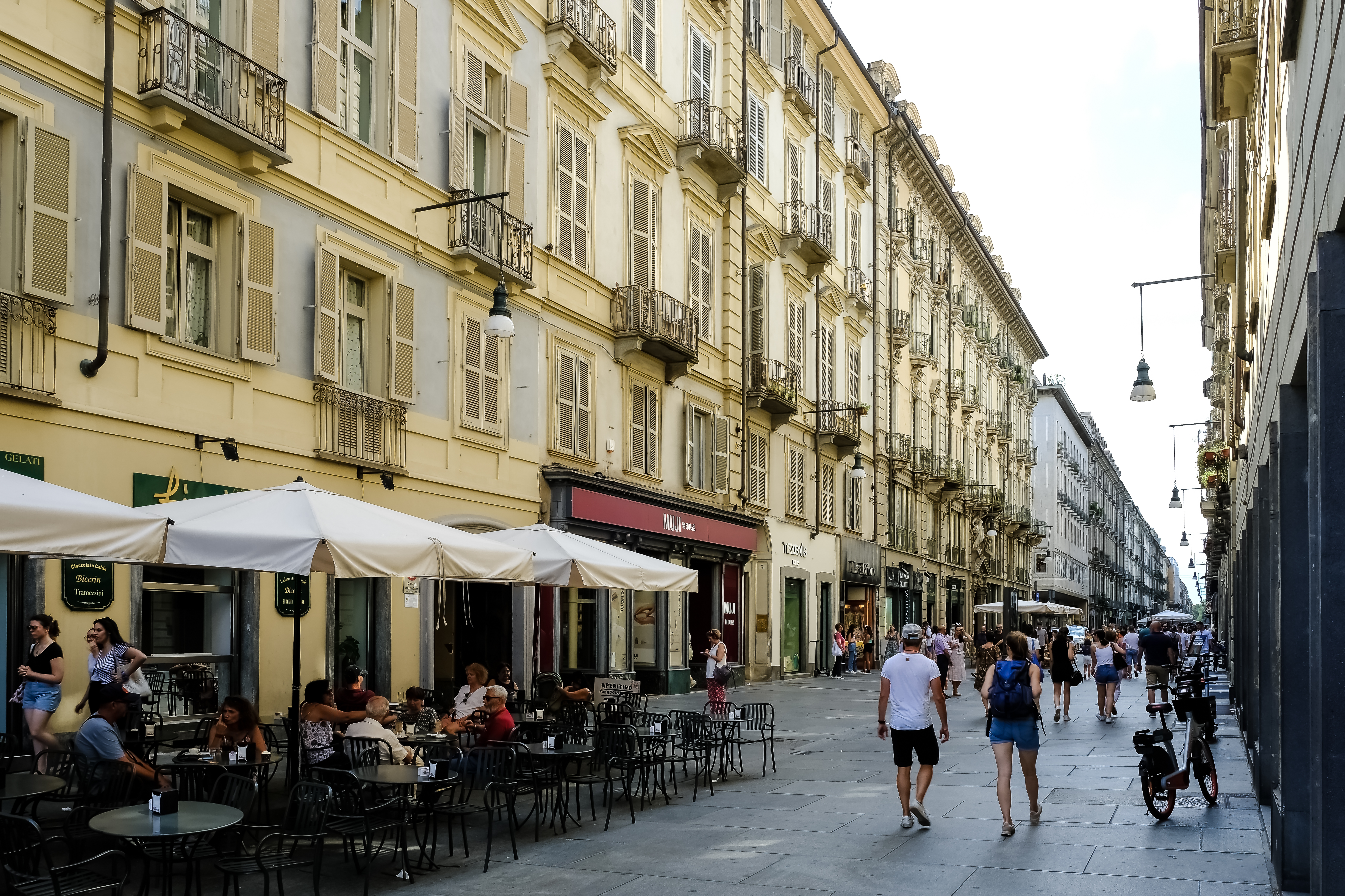 View of Via Giuseppe Garibaldi, a pedestrian street in the historic center of Turin, Italy View of Via Giuseppe Garibaldi, a pedestrian street in the historic center of Turin, Italy