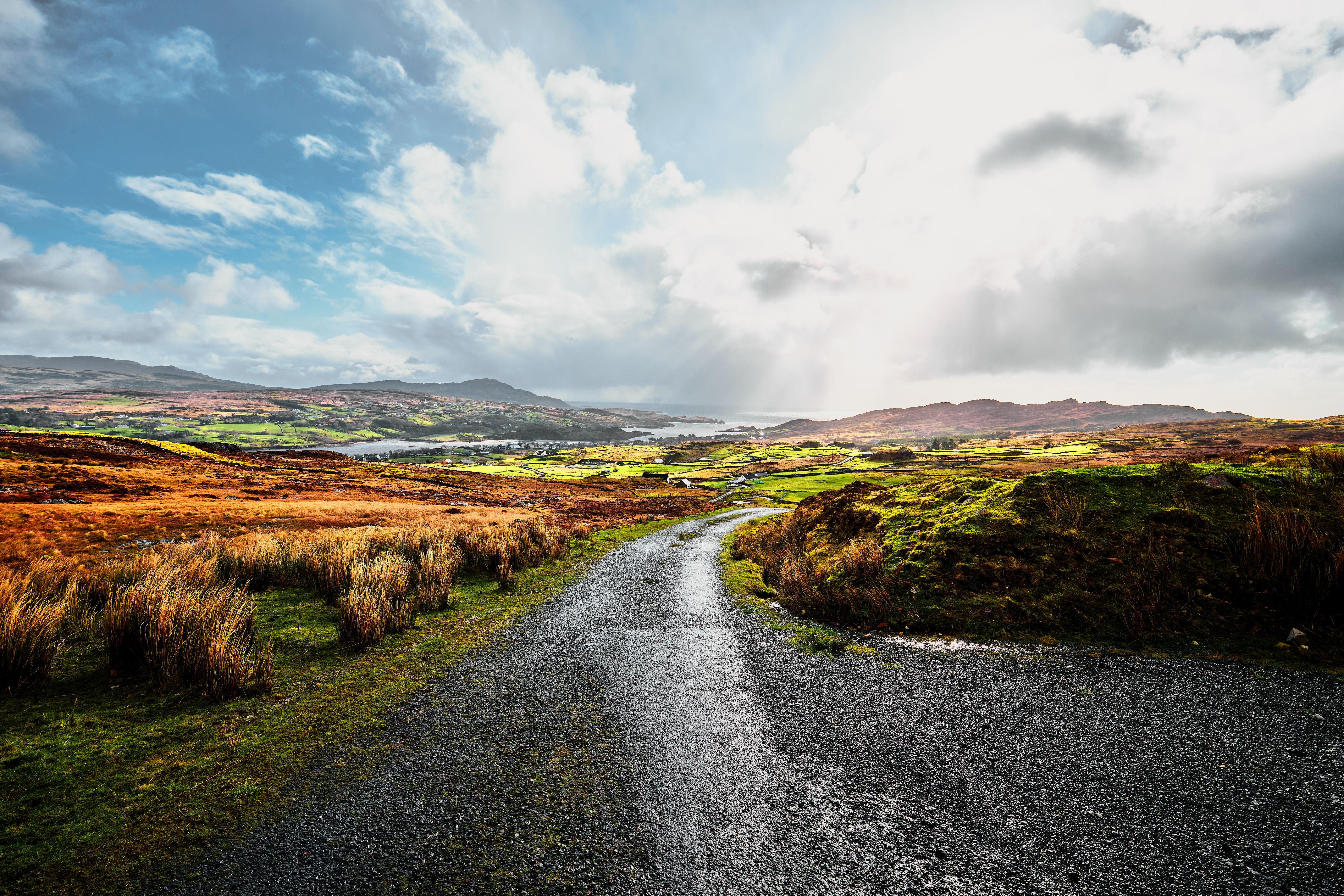 Irish landscape in County Donegal with a bright blue sky and sunshine