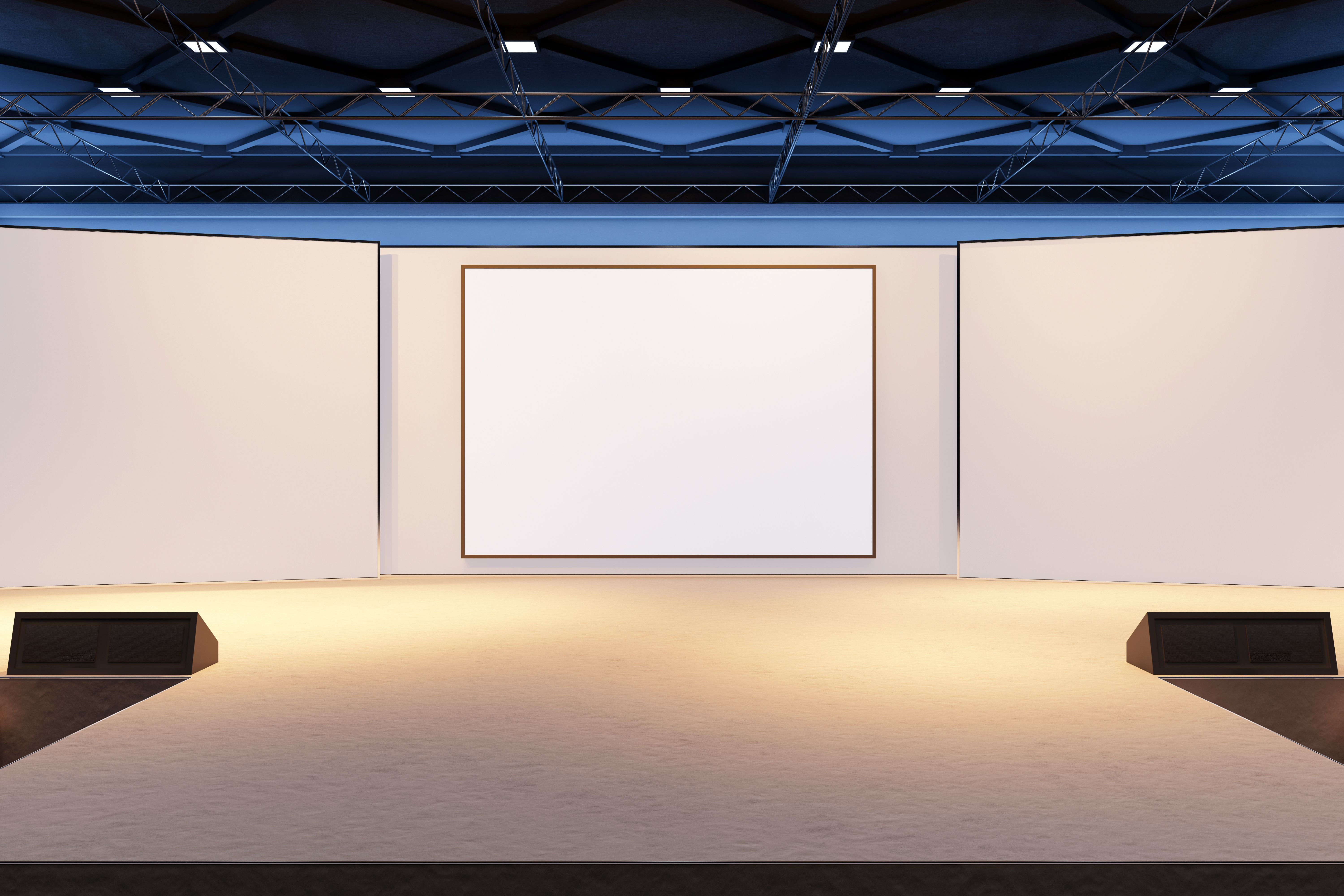 Modern exhibition stage with white blank panels and spotlighting in a spacious hall. 3D Rendering