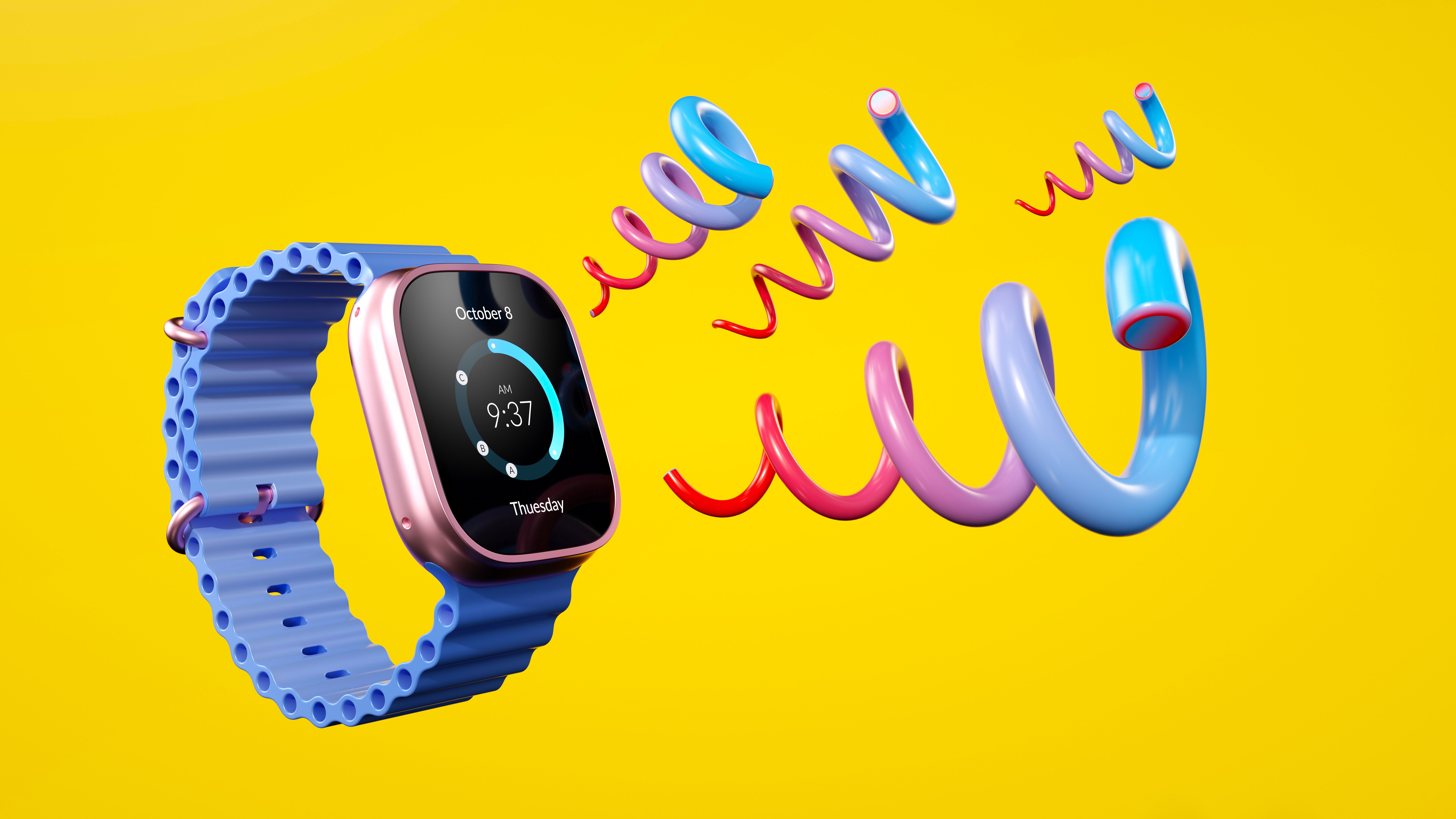 Colorful smartwatch with a blue band and rose gold face, vibrant yellow background, cyan and pink swirls, digital display, glossy textures, dynamic curves, futuristic and whimsical. 3D render. Colorful smartwatch with a blue band and rose gold face, vibrant yellow background, cyan and pink swirls, digital display, glossy textures, dynamic curves, futuristic and whimsical. 3D render.