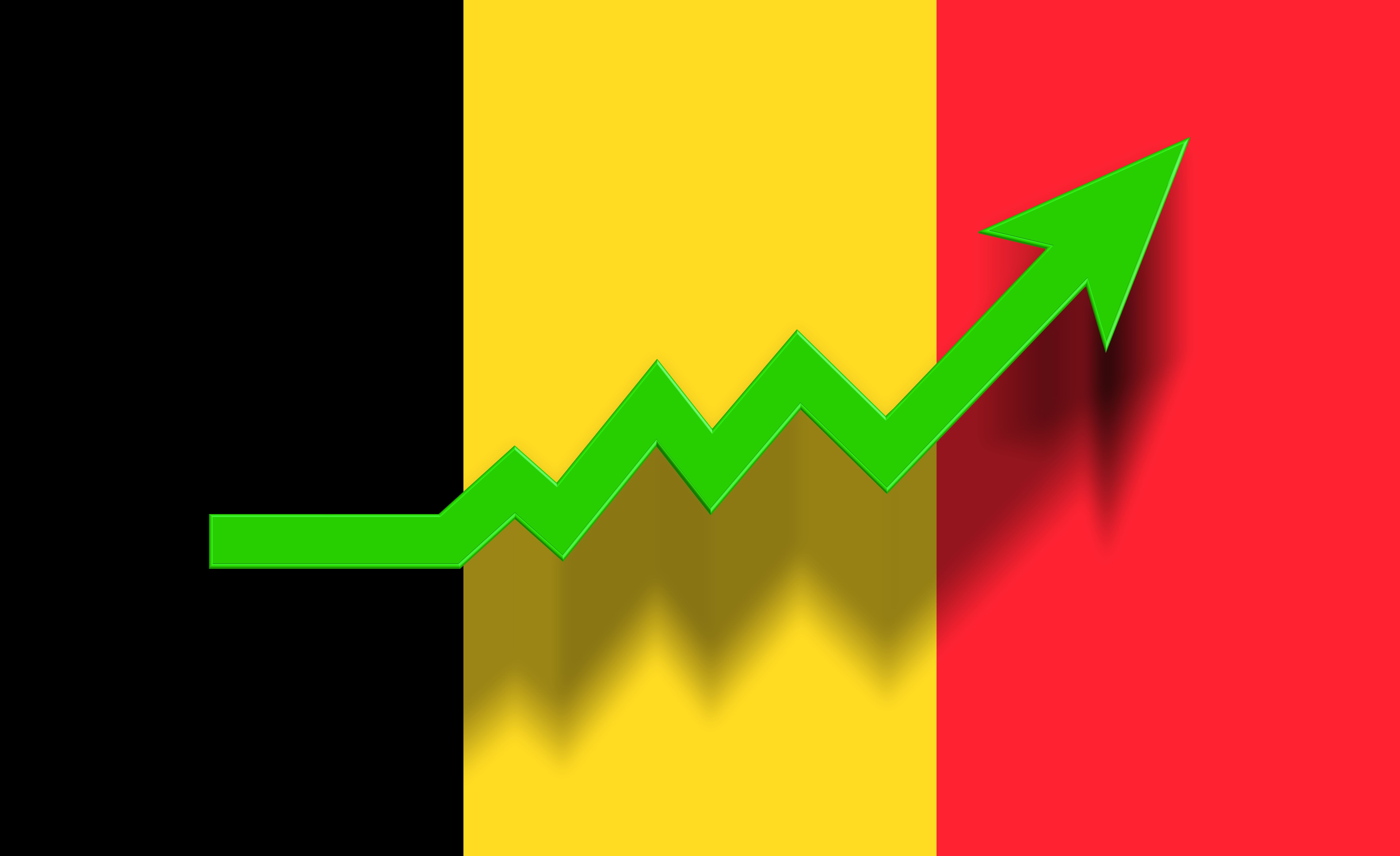 Green success graphic arrow moving up on Belgium flag.