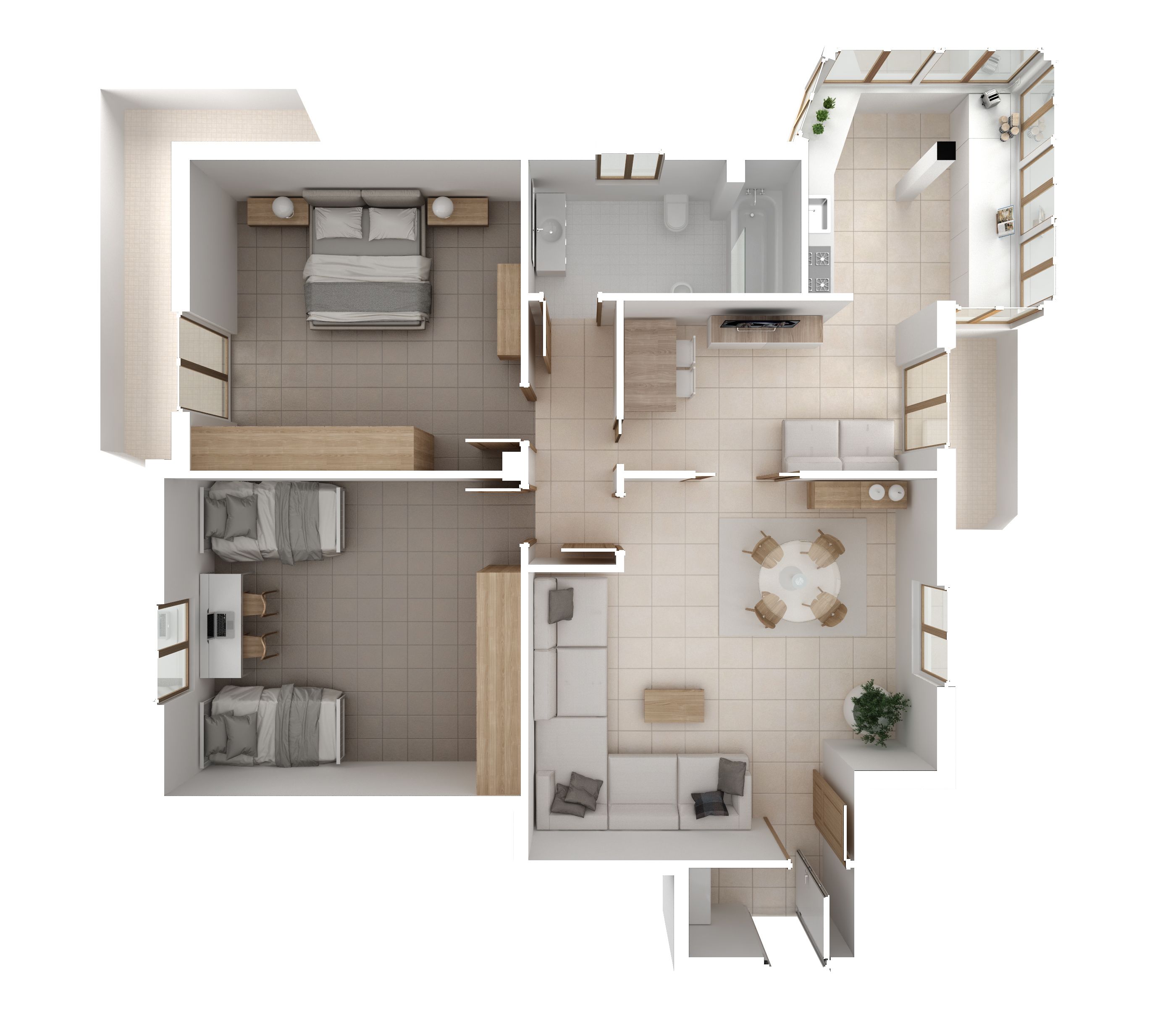 Apartment flat top view, furniture and decors, plan, cross section interior design, architect designer concept idea, white blank background