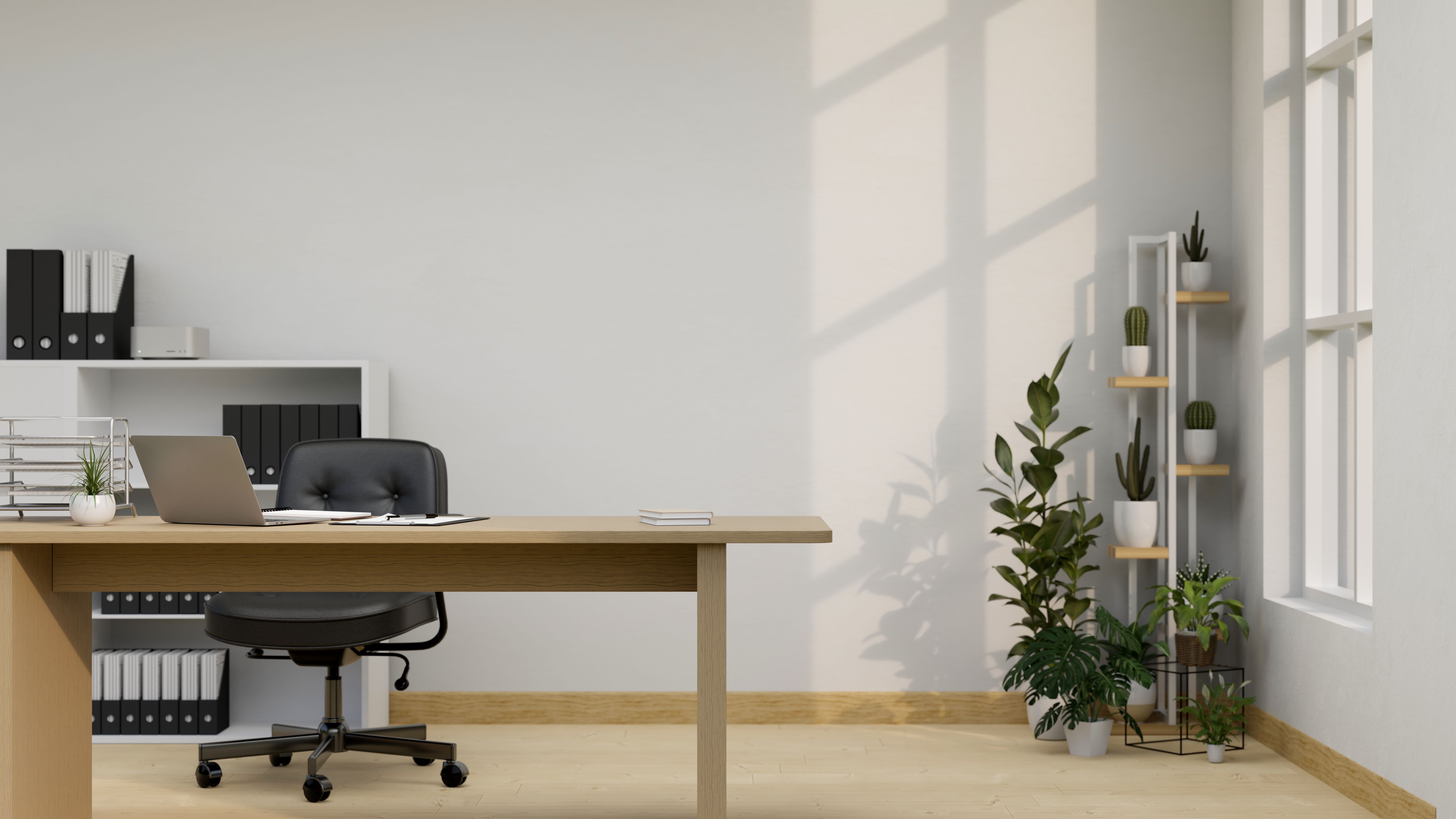 Minimal white and bright office interior deign with wood worktable with office accessories