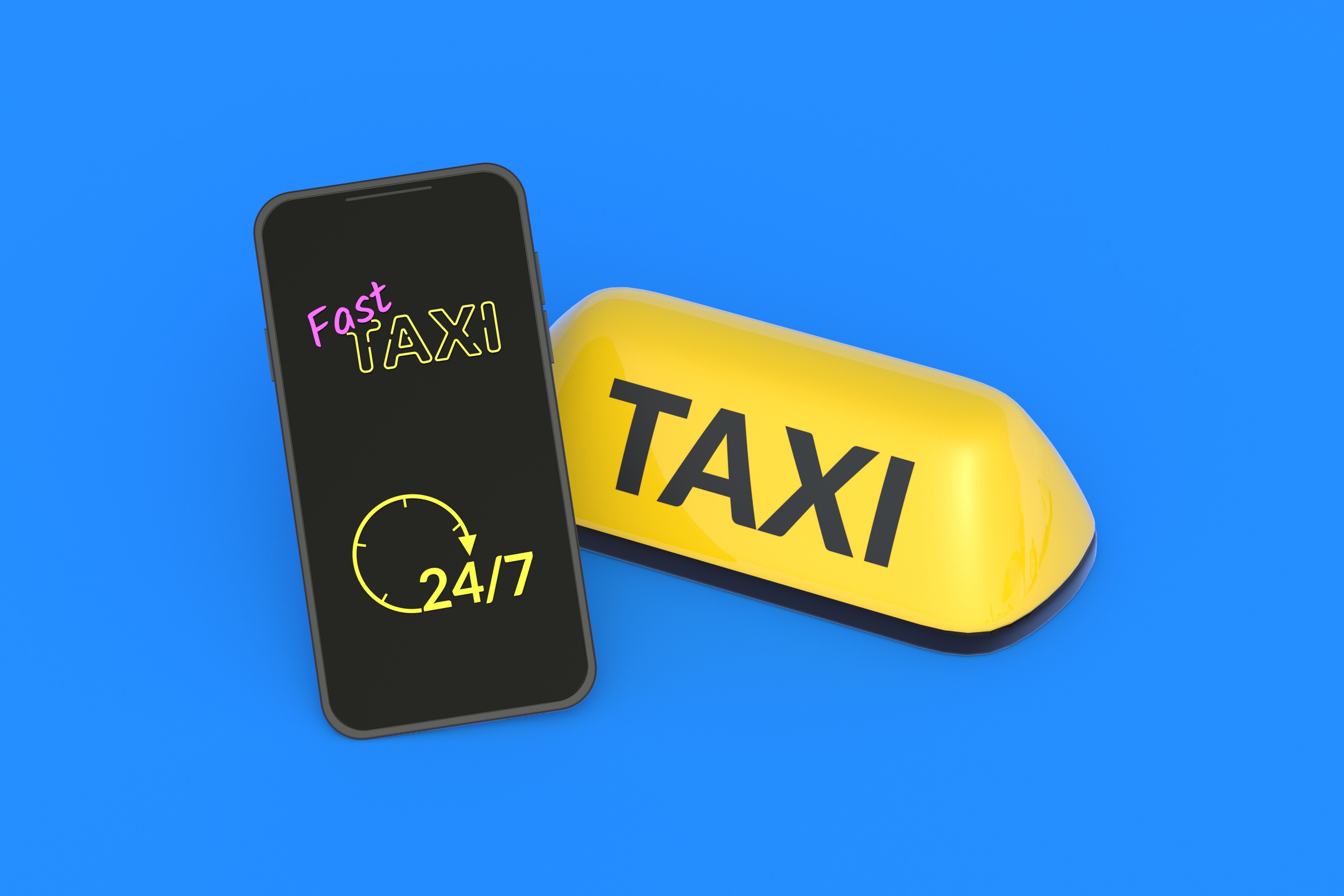Taxi ordering around the clock. Calling passenger transport online. Work schedule without days off. Yellow cab sign near mobile phone with inscription fast taxi 24 7. 3d render Taxi ordering around the clock. Calling passenger transport online. Work schedule without days off. Yellow cab sign near mobile phone with inscription fast taxi 24 7. 3d render