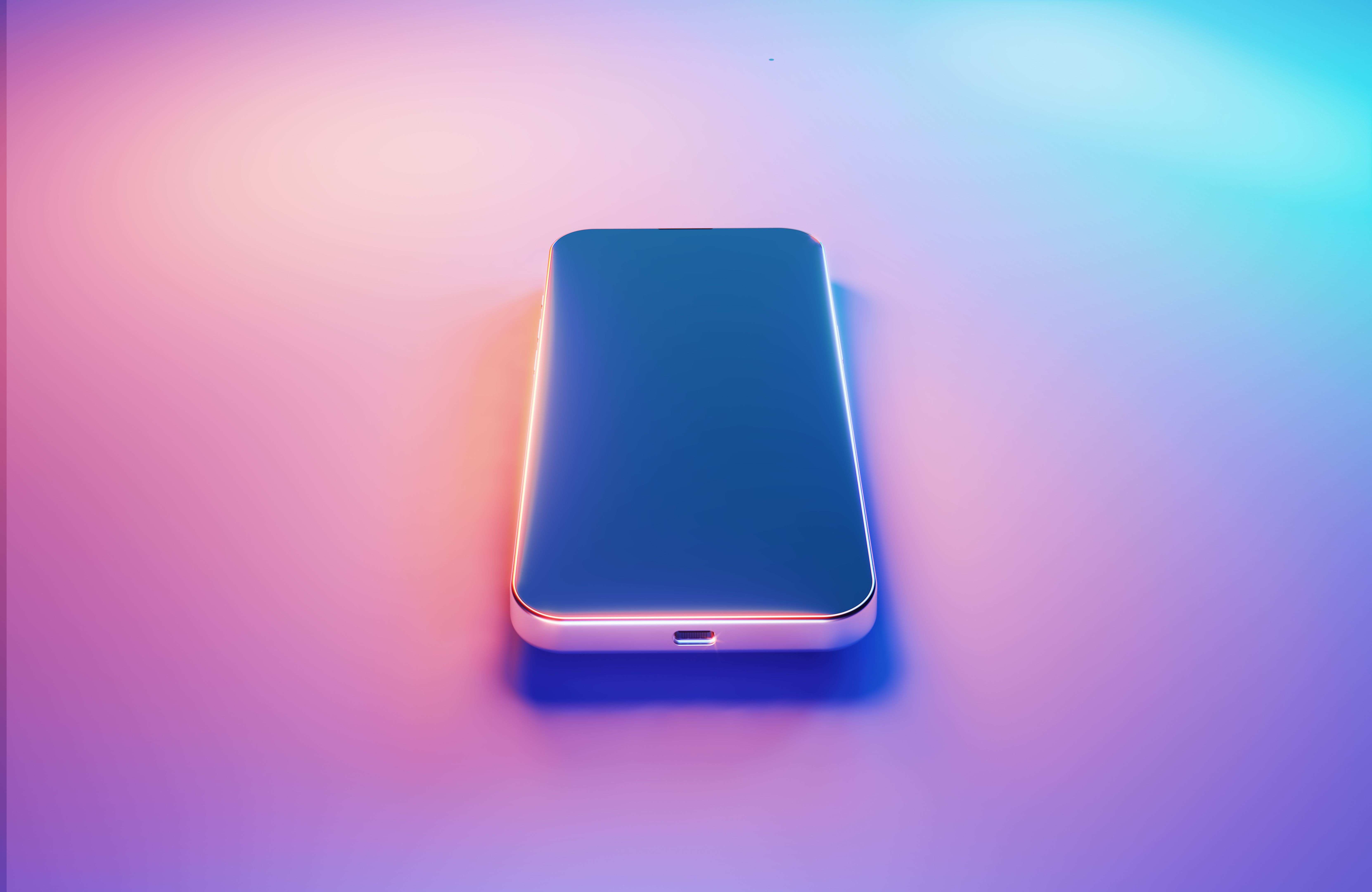 Smartphone Illuminated By Blue And Magenta Lights On Blue And Pink Background