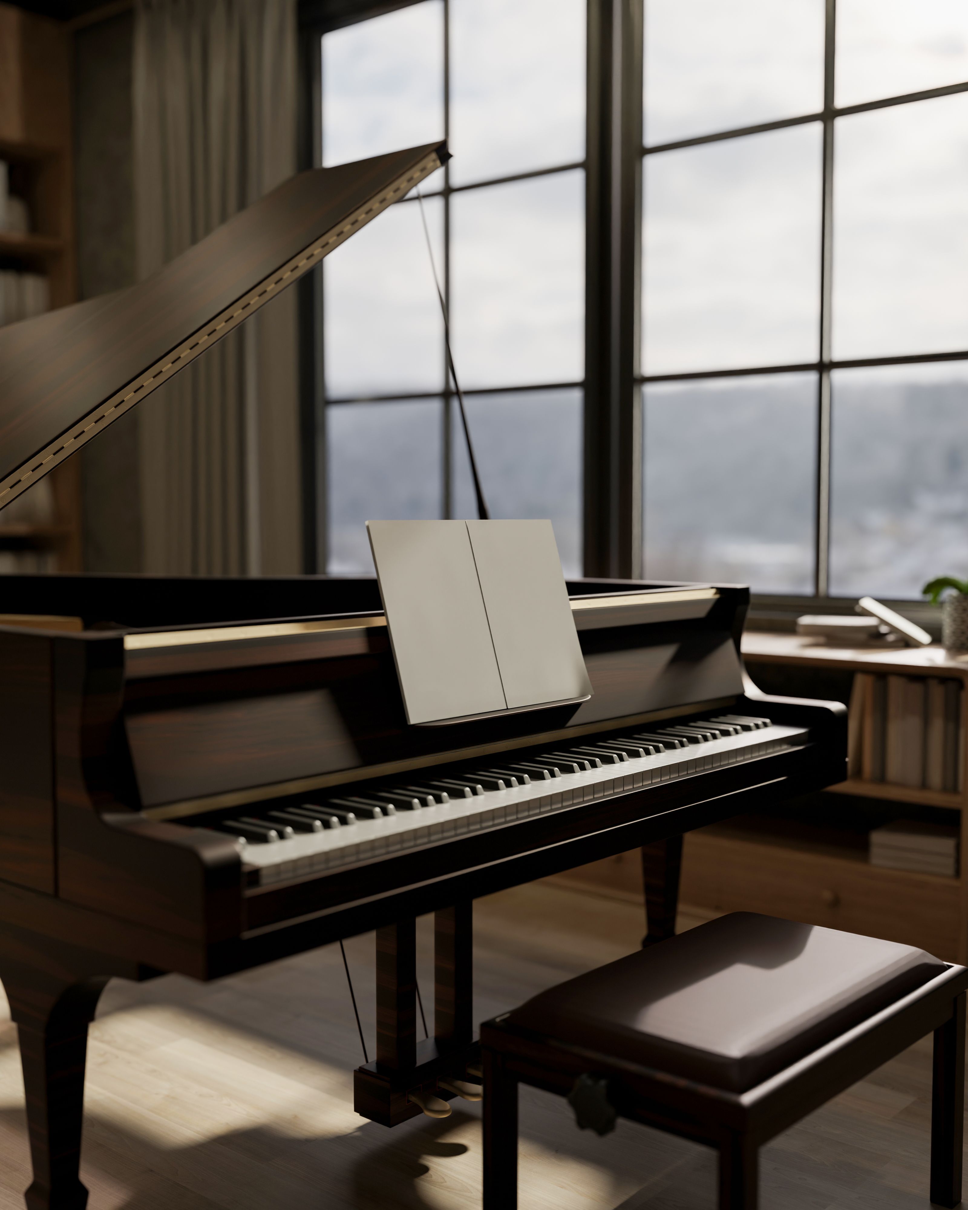 A beautiful wooden piano with an open, blank chord book on its stand, set in a living room. A beautiful wooden piano with an open, blank chord book on its stand, set in a living room.