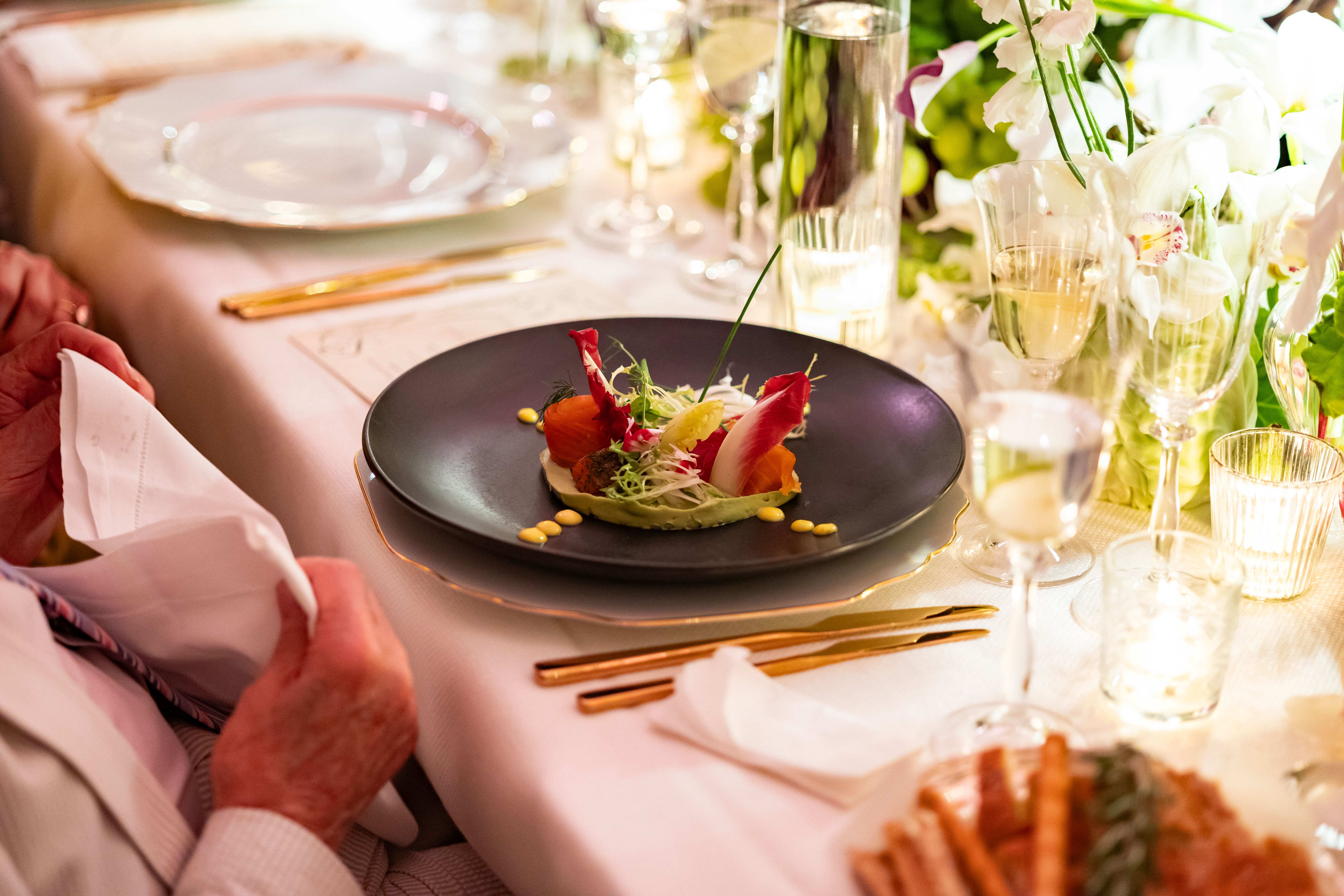 Elegant Appetizer Plated at Candlelit Formal Dinner Table