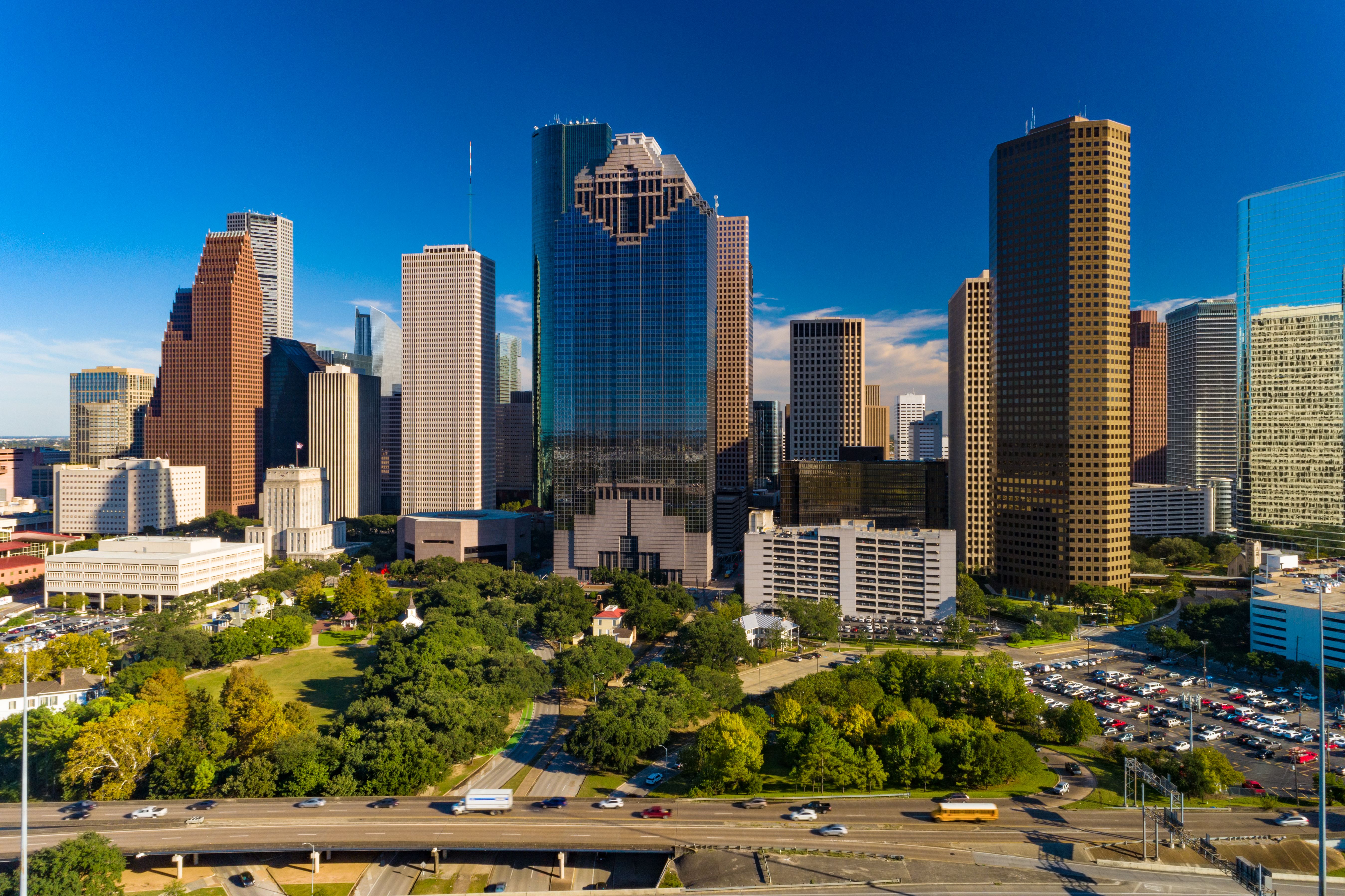 Houston Downtown Skyscrapers Aerial View And Park