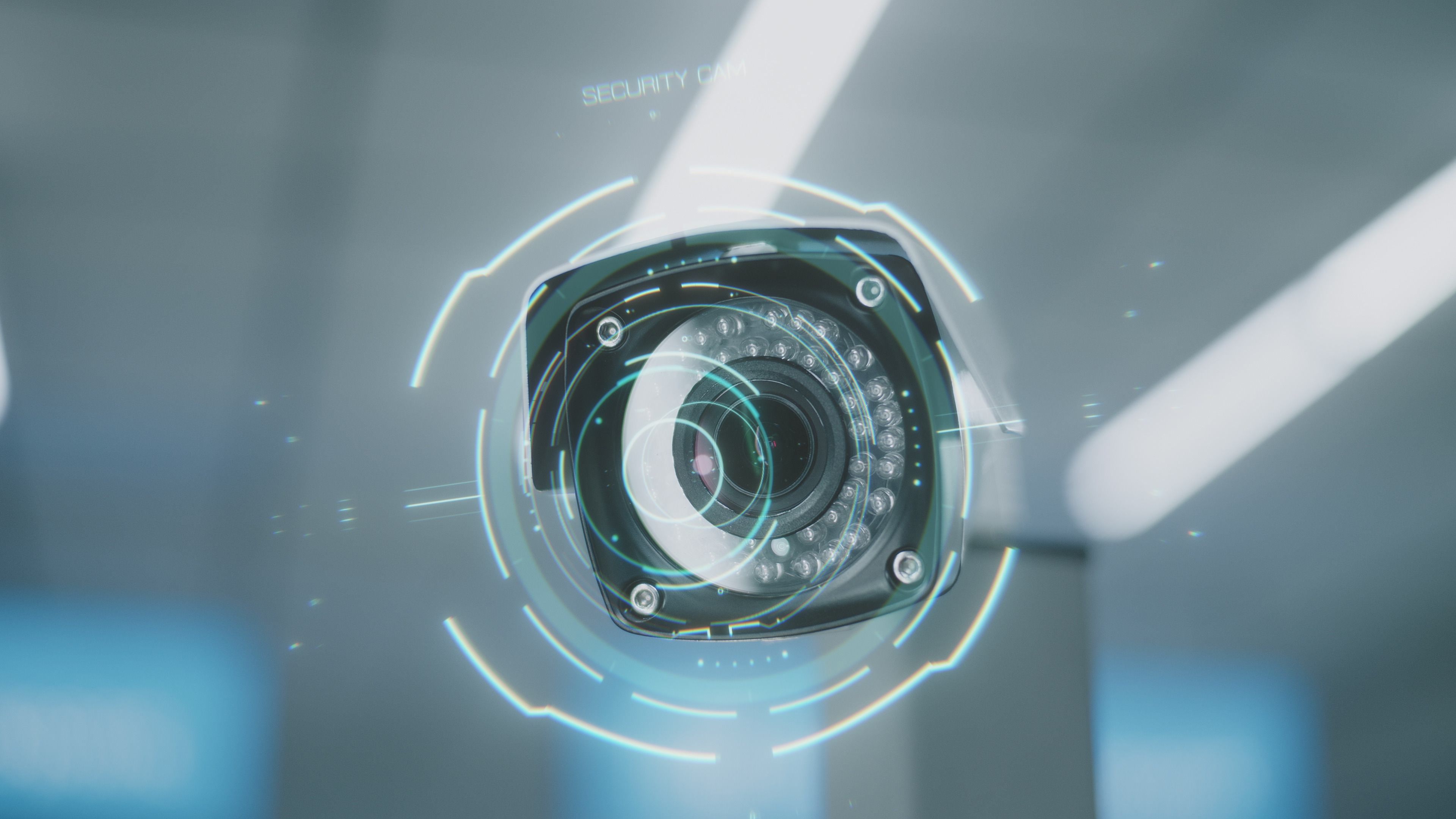 Airport Security System: Close Up of Surveillance Camera with AI Recognition. 3D Visual Effects