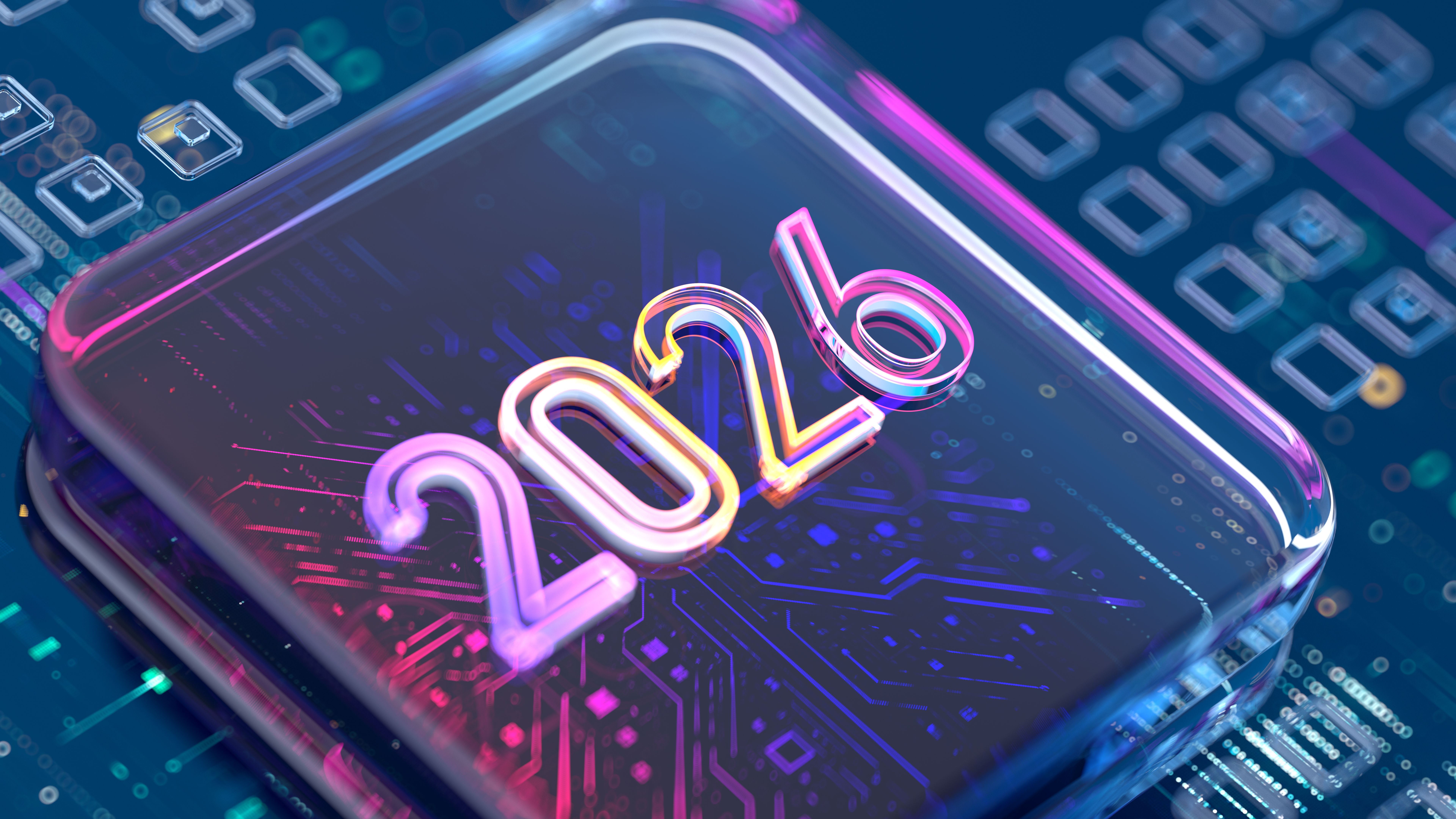 Digital CPU with 2026 numbers, representing new technology, futuristic computing, and innovation