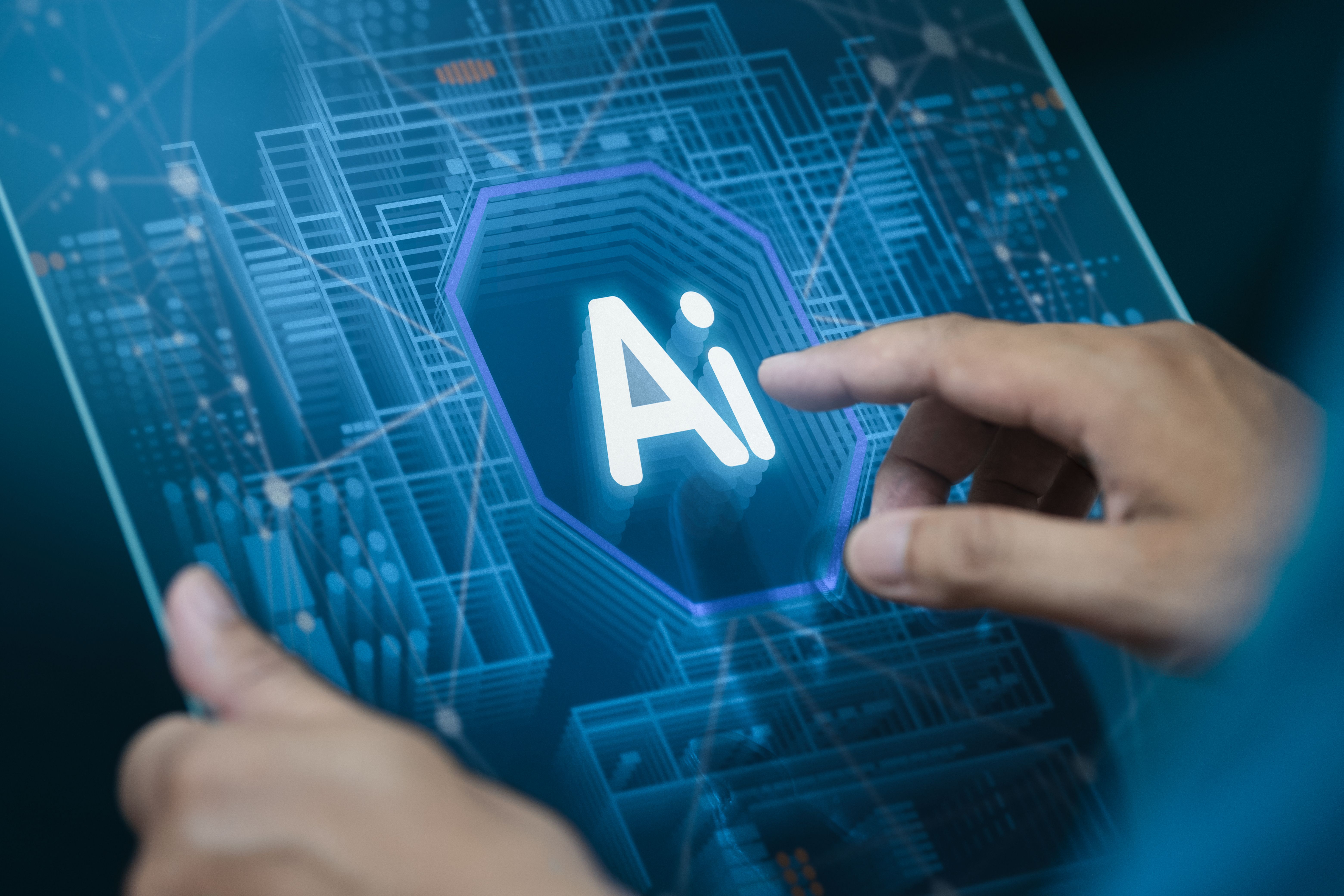 Humans tap on AI icons on display screens to interact with AI, allowing them to create, code, train AI, or analyze big data with fast, cutting-edge technology.