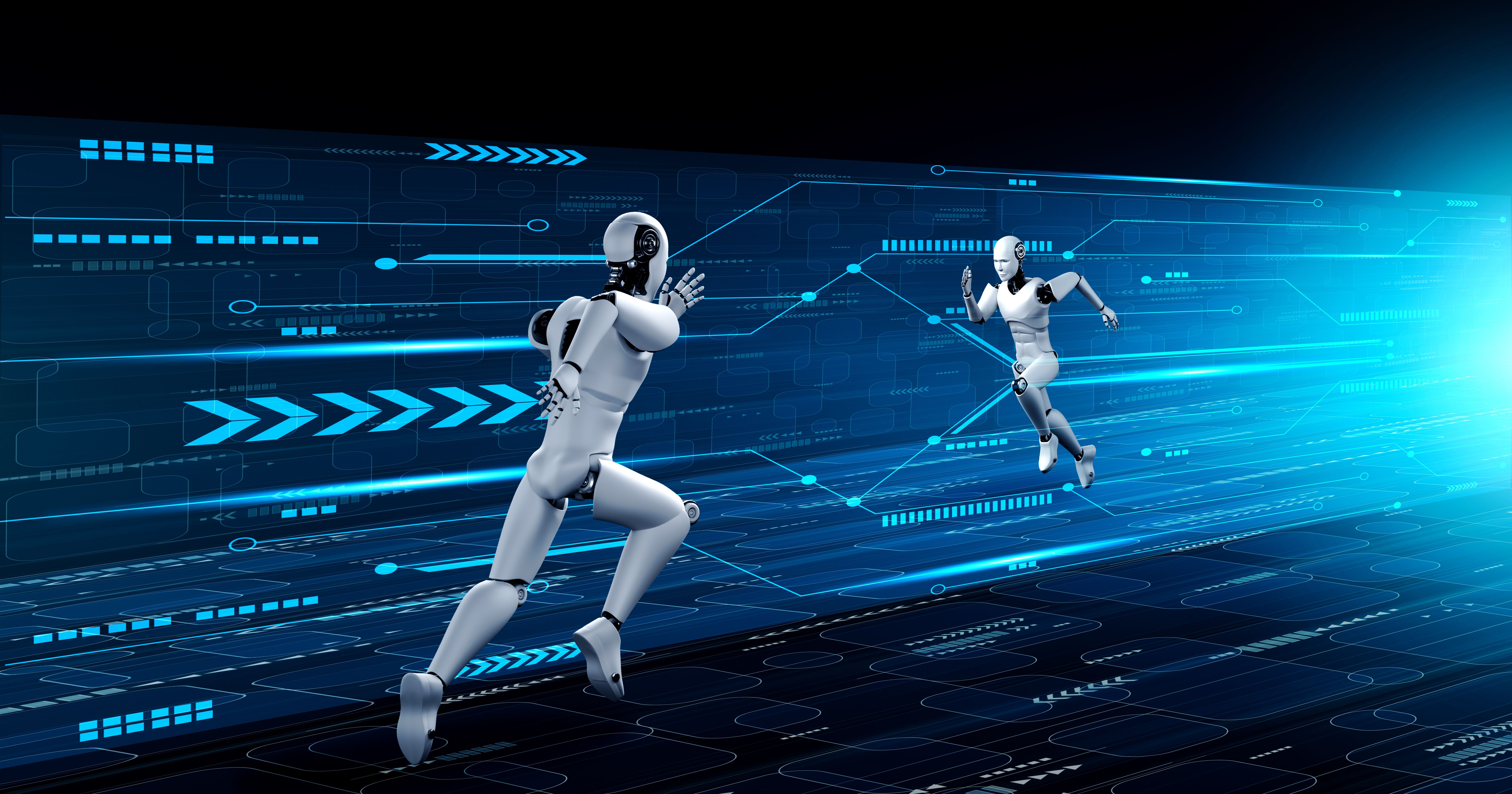 Running robot humanoid showing fast movement and vital energy Running robot humanoid showing fast movement and vital energy