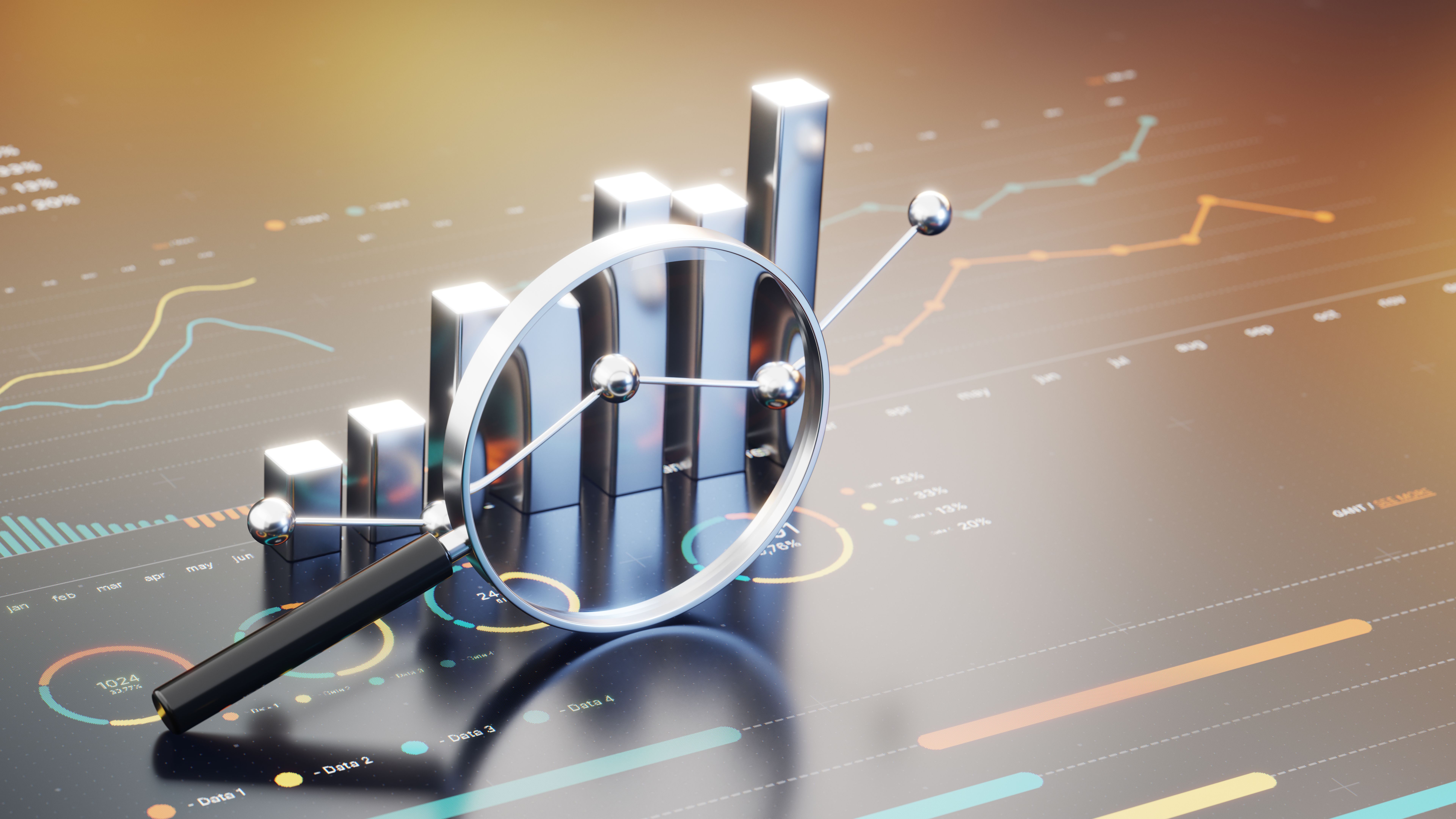 Business Growth Analysis With Magnifying Glass Over Bar Chart And Line Graphs For Data Insights