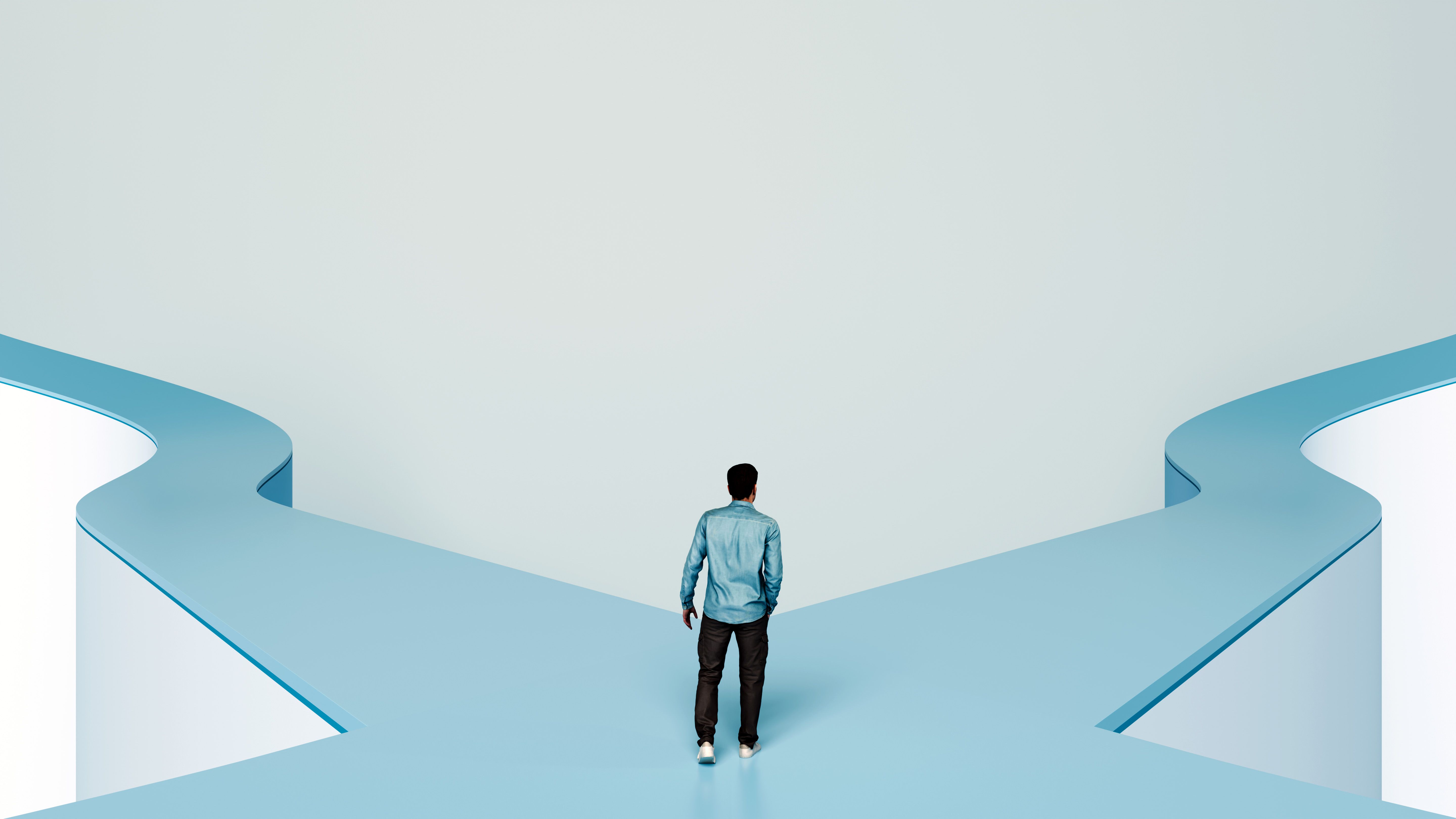 Man at Fork in the Road Decision-Making, Uncertainty, and Life Choices, 3D Render Man at Fork in the Road Decision-Making, Uncertainty, and Life Choices, 3D Render