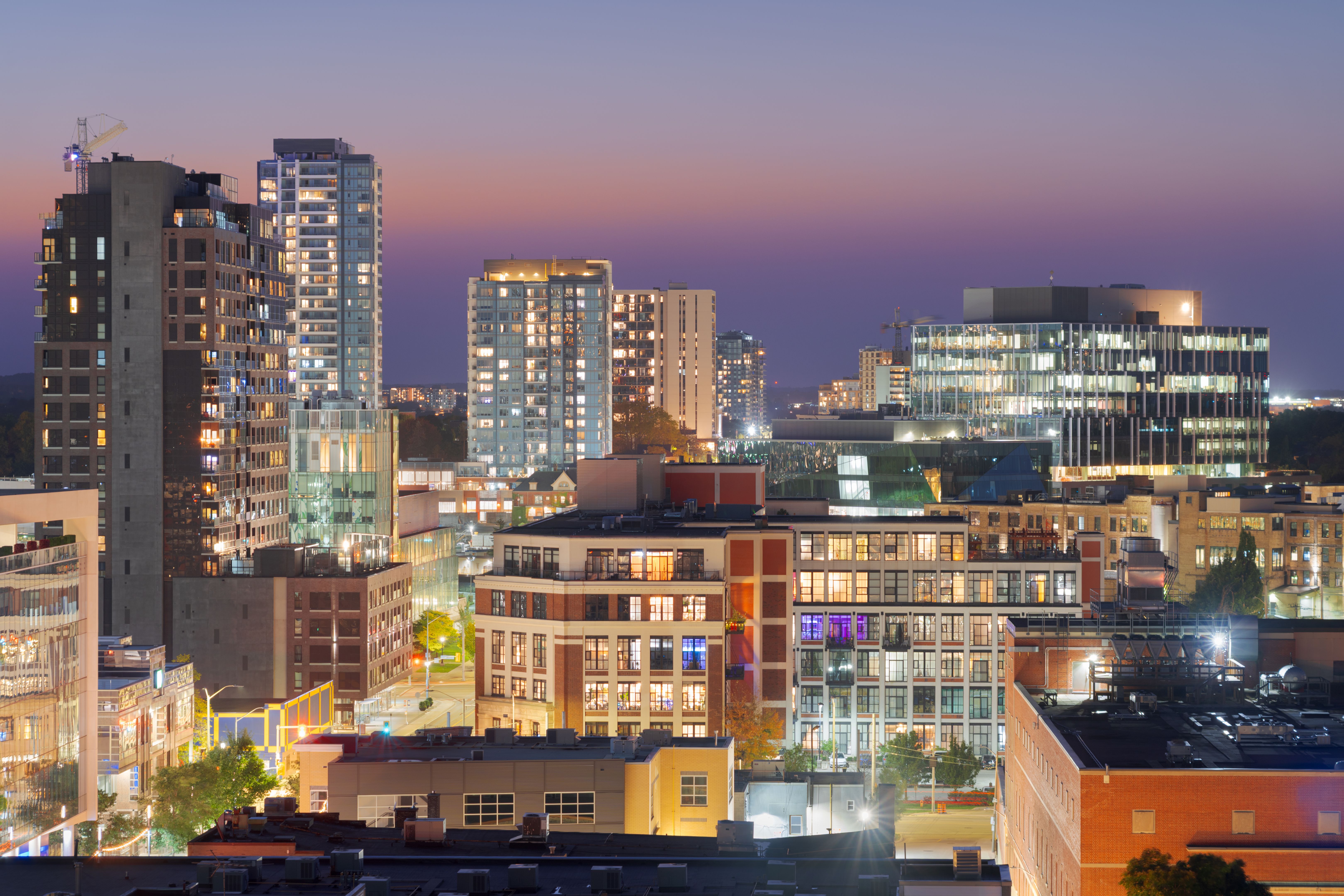 Kitchener, Ontario, Canada downtown cityscape at dusk.