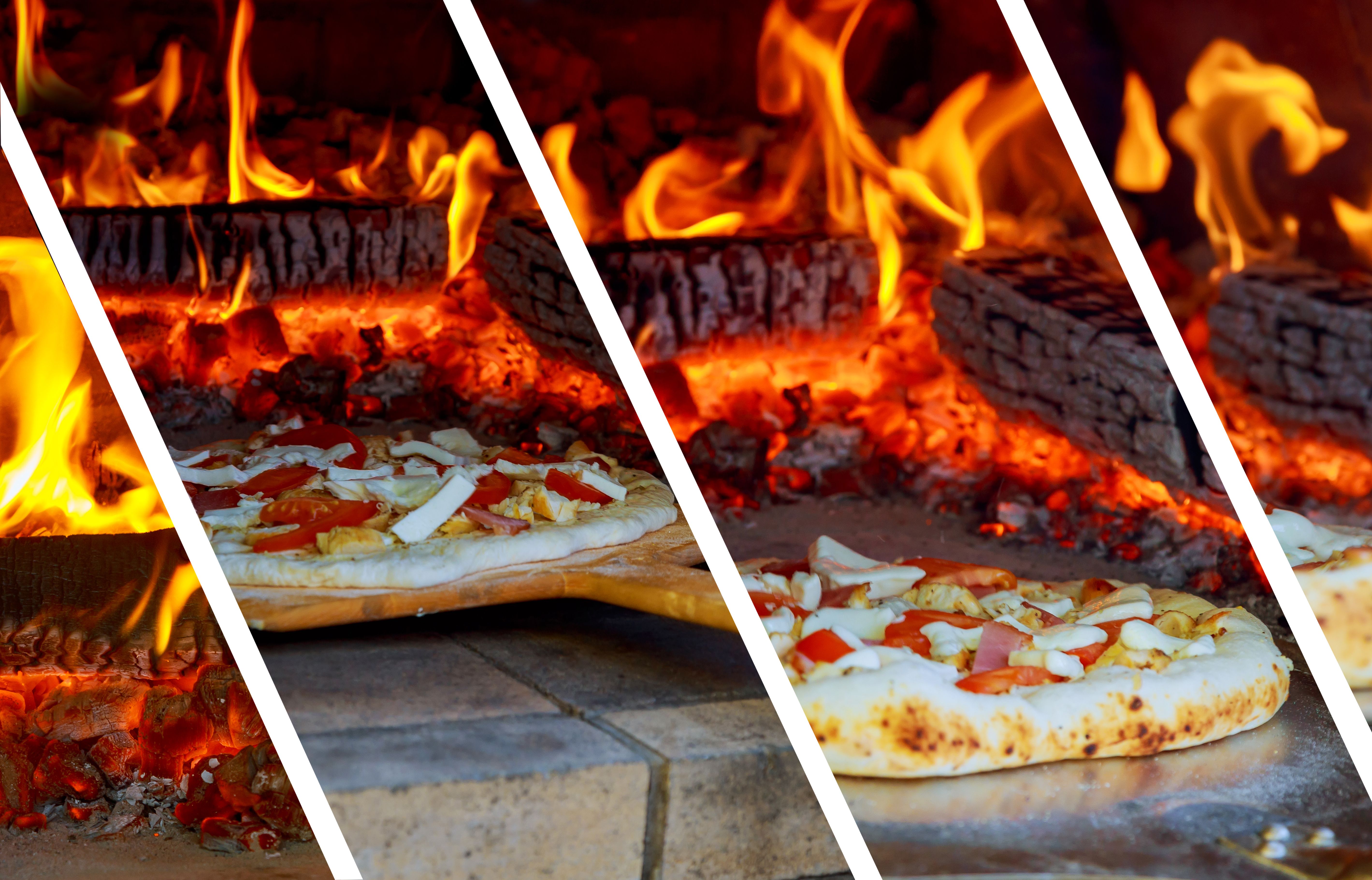 Closeup pizza in firewood oven with flame behind photo collage
