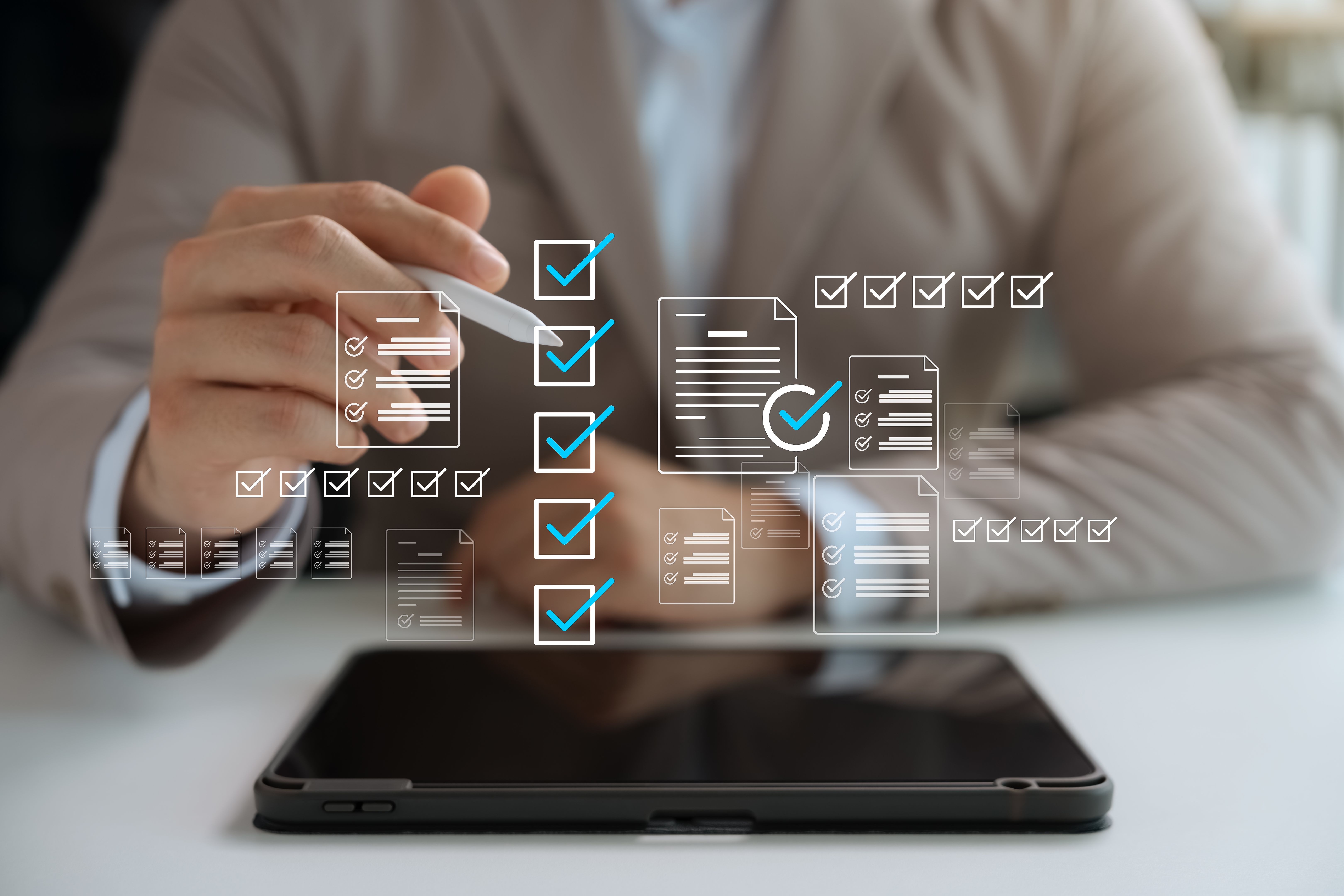 Concept of business performance tracking and evaluation, digital form checklist. Concept of business performance tracking and evaluation, digital form checklist.