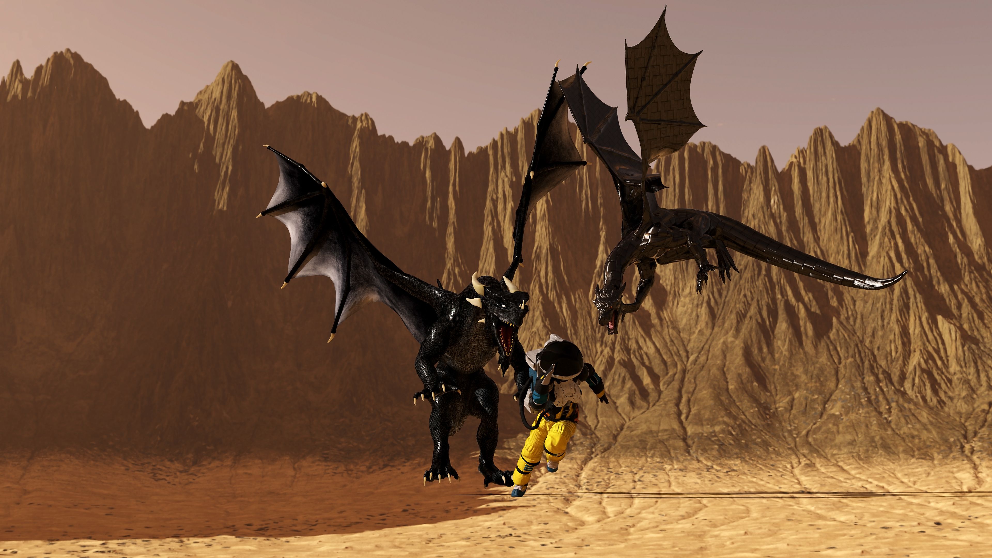 Illustration of an astronaut fleeing from two dragons on an arid world.