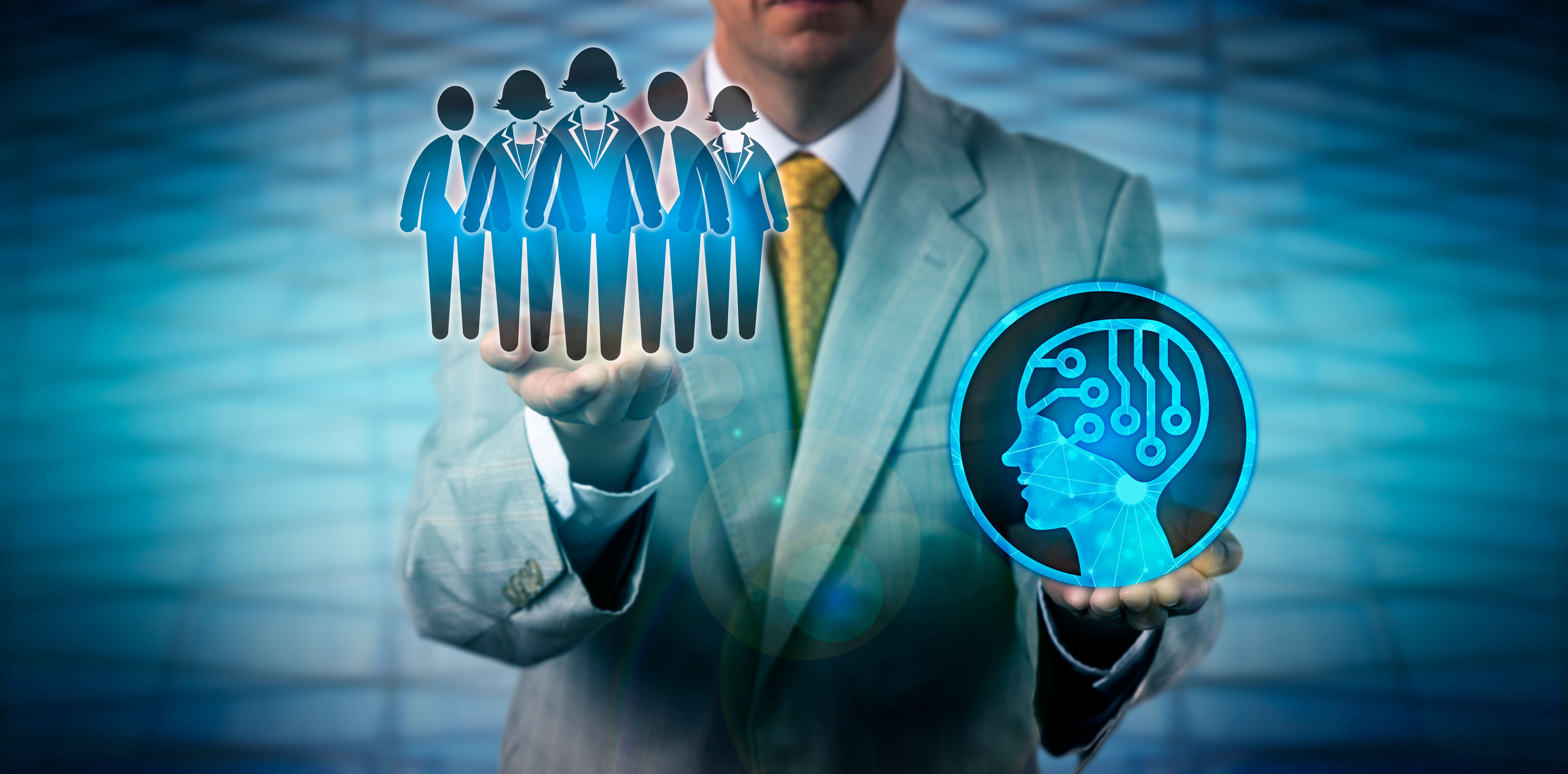 Recruiter Raising White Collar Team Above AI App Recruiter Raising White Collar Team Above AI App