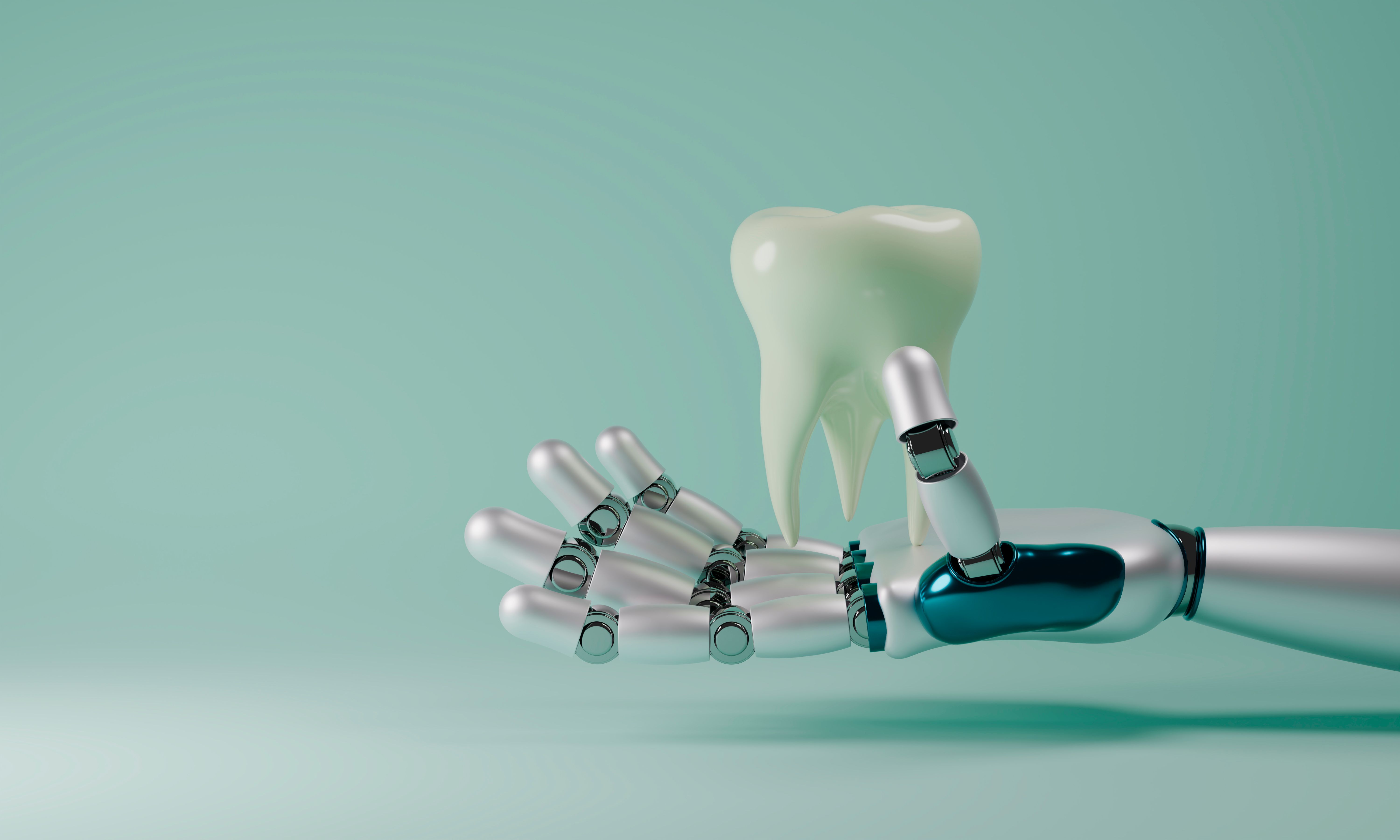 Robotic hand holding a tooth. Concept of innovation and technology in dentistry. Development of AI in dental health.