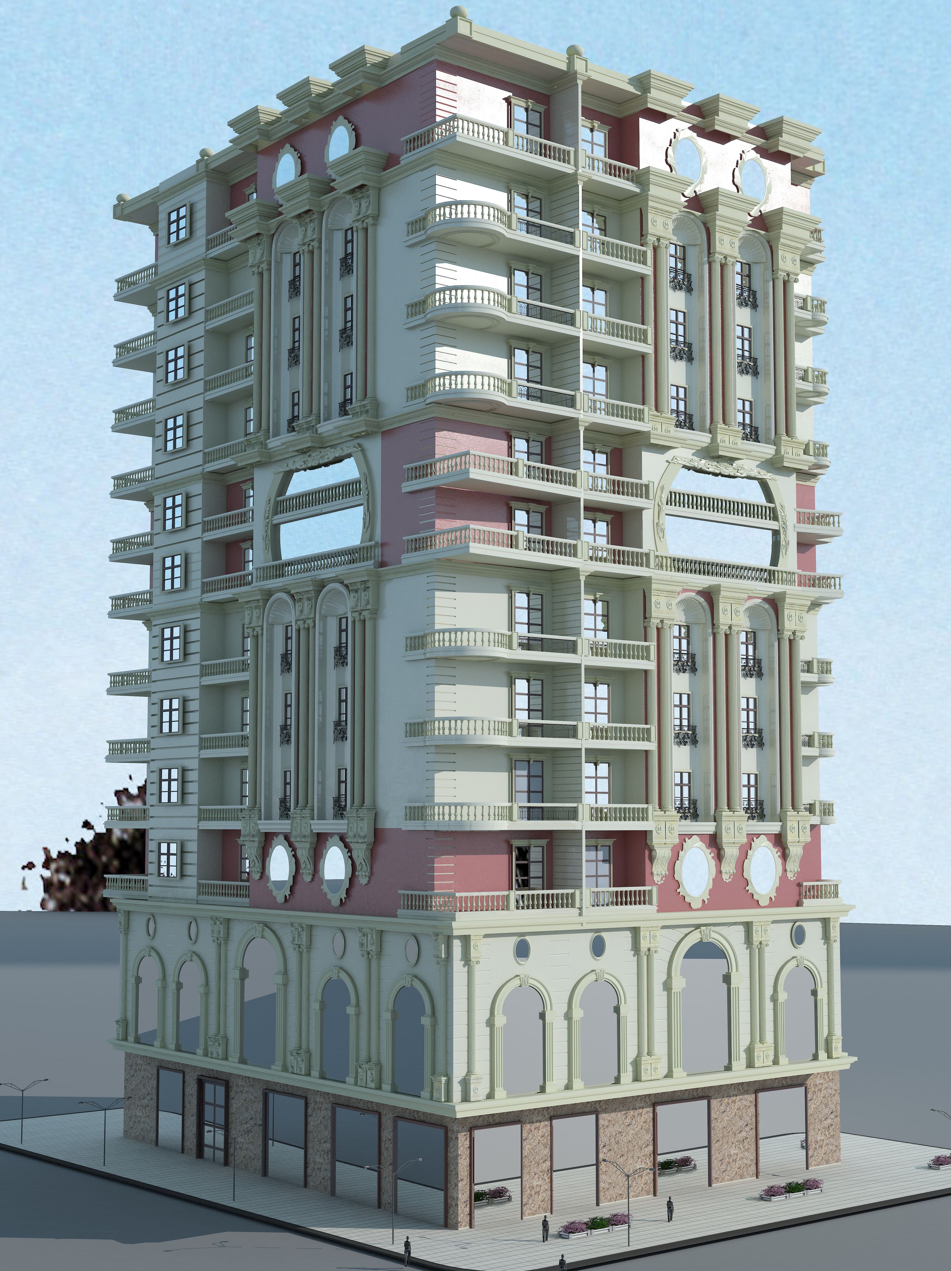 3d illustration colored rendering building real estate with road , trees and sky view . 3d illustration colored rendering building real estate with road , trees and sky view .