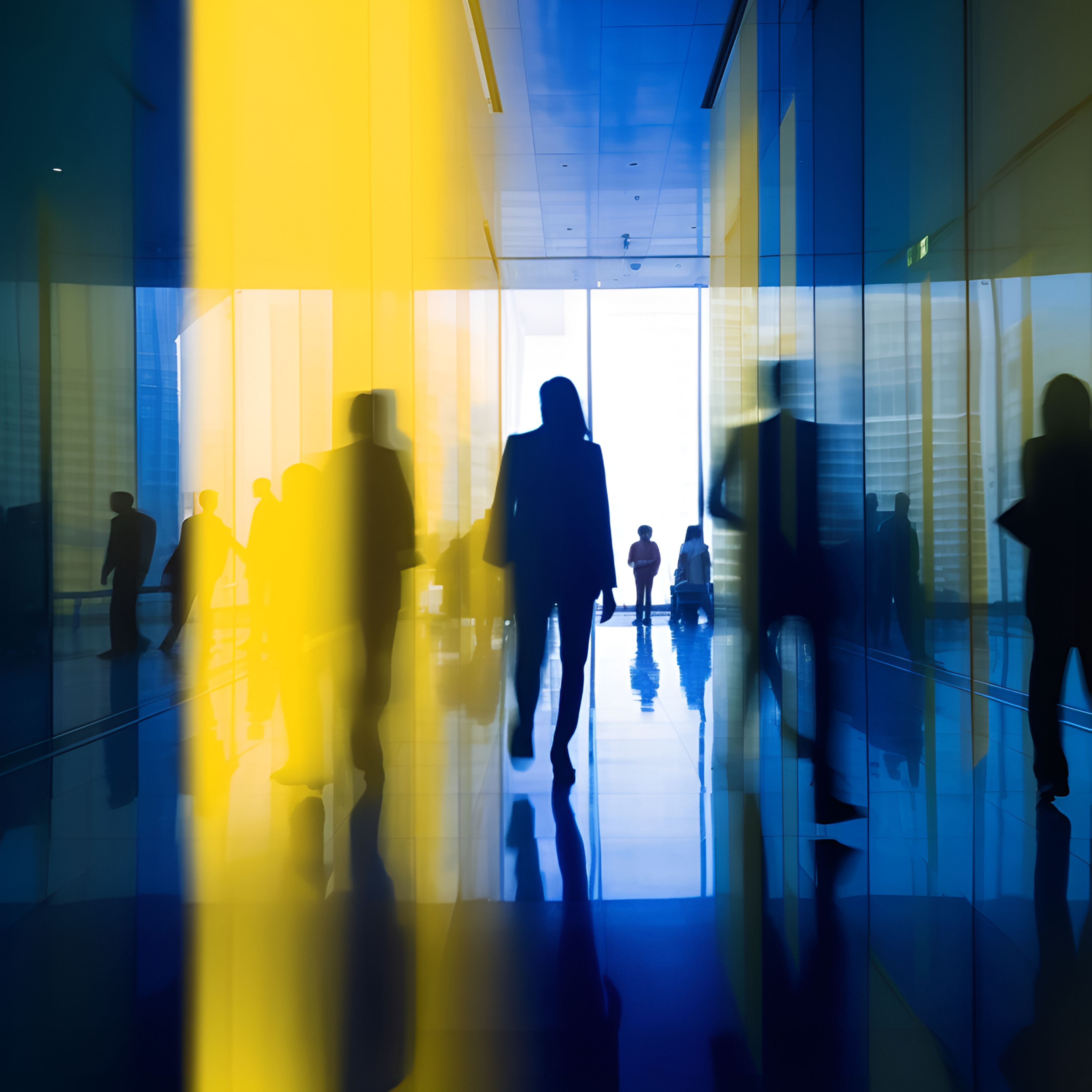 Office employees in a blue and yellow business building, their silhouettes blurred.
