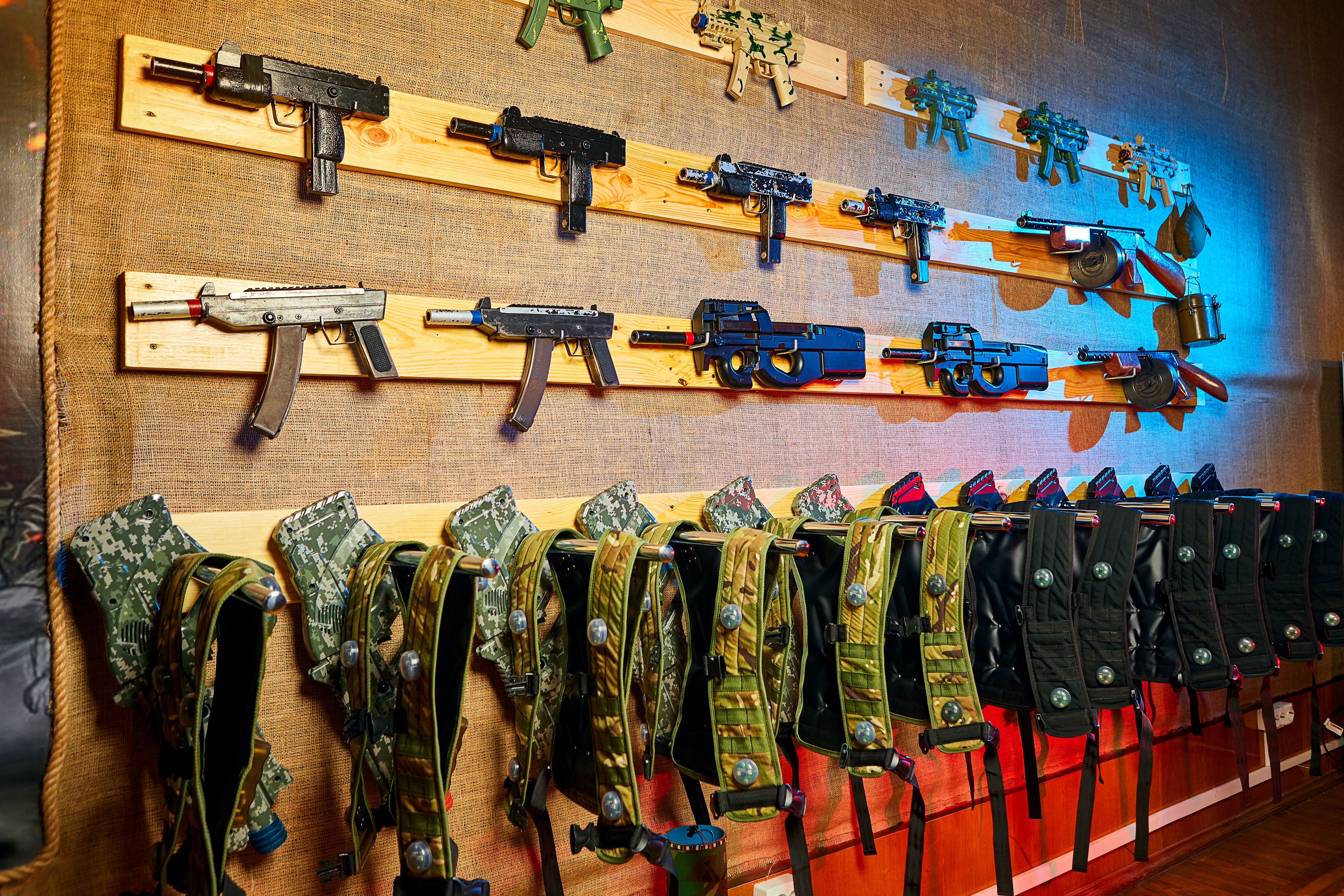 A variety of weapons for playing laser tag game and playground equipment