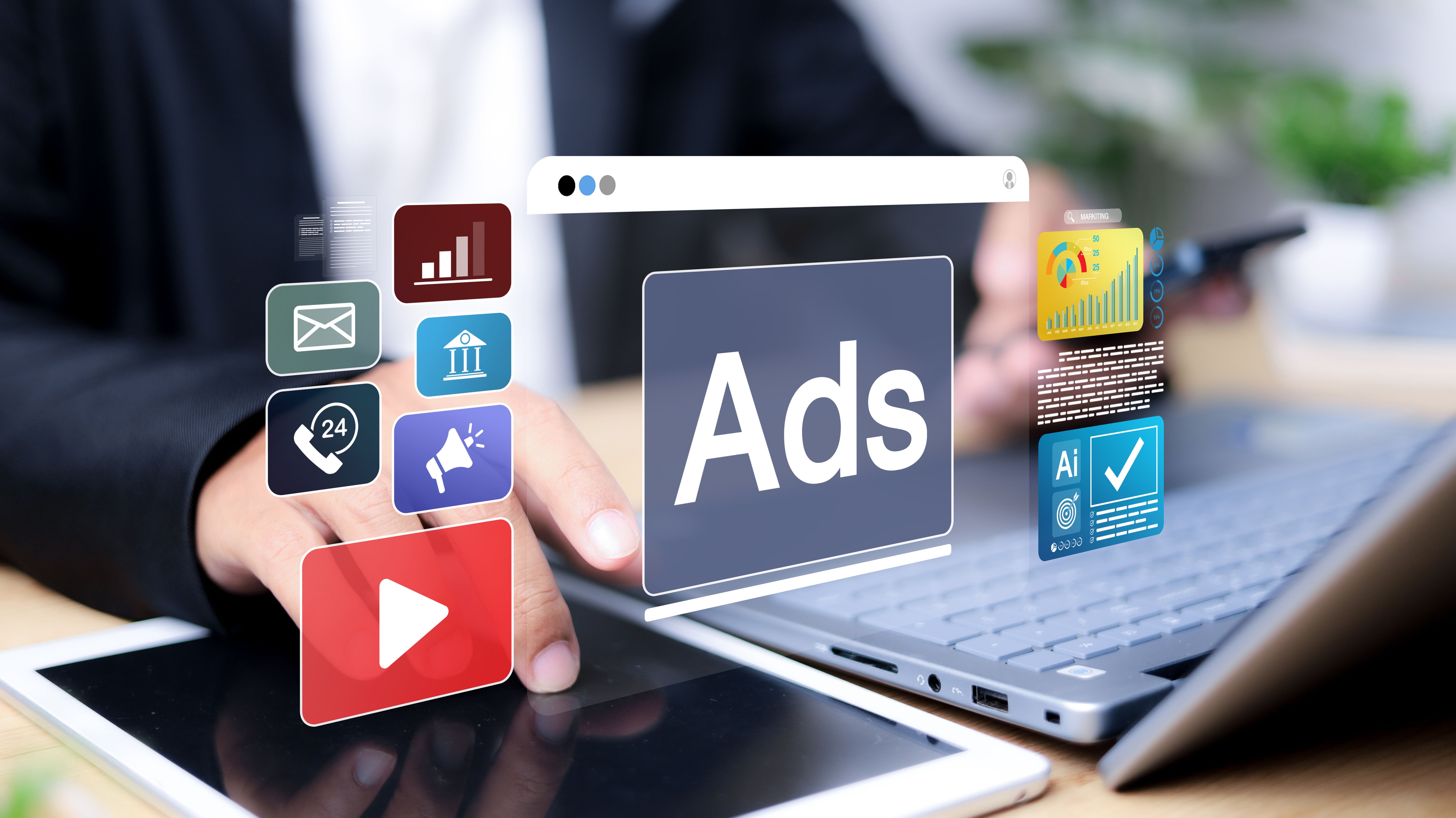 Digital marketing commerce online sale concept, Businessman using laptop with Ads dashboard digital marketing strategy analysis for branding.