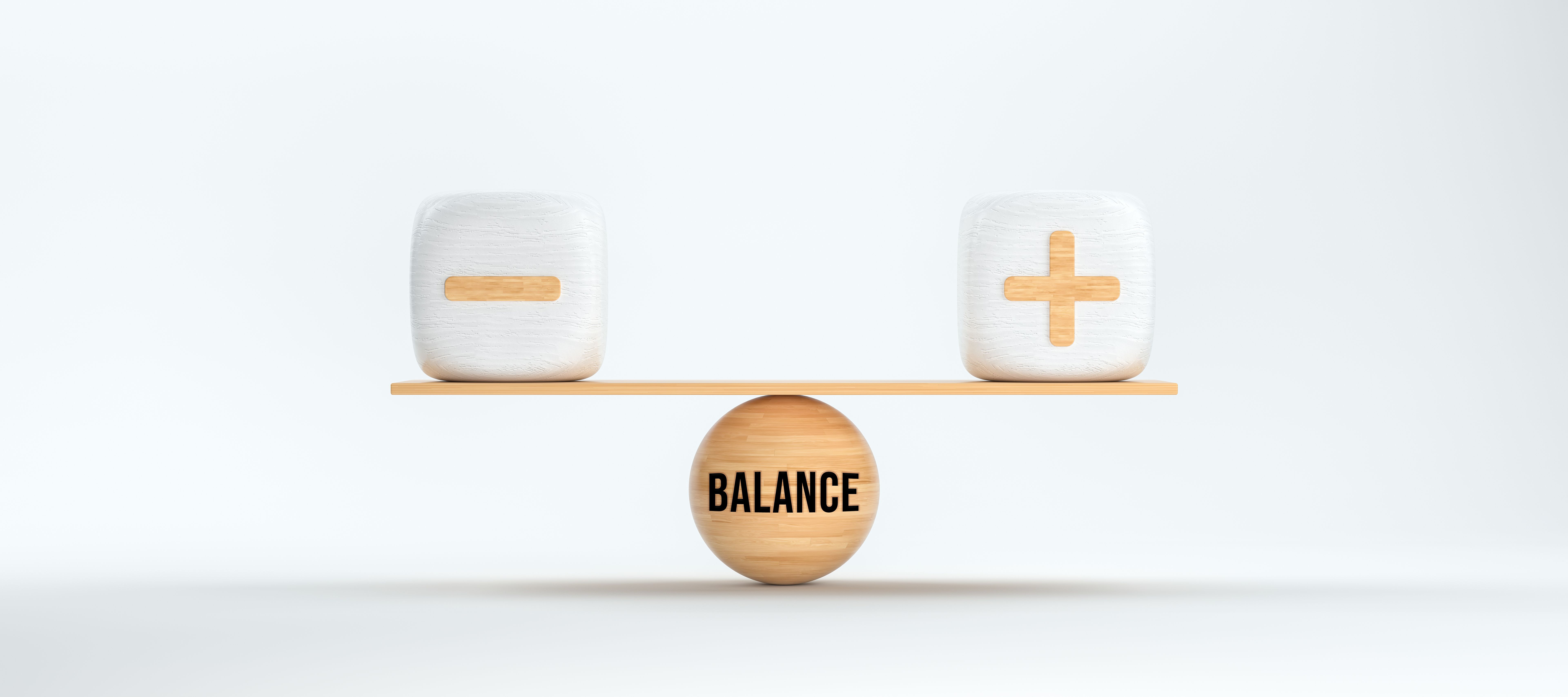 wooden scale balancing cubes with plus and minus symbols and the word BALANCE - 3D rendered illustration wooden scale balancing cubes with plus and minus symbols and the word BALANCE - 3D rendered illustration