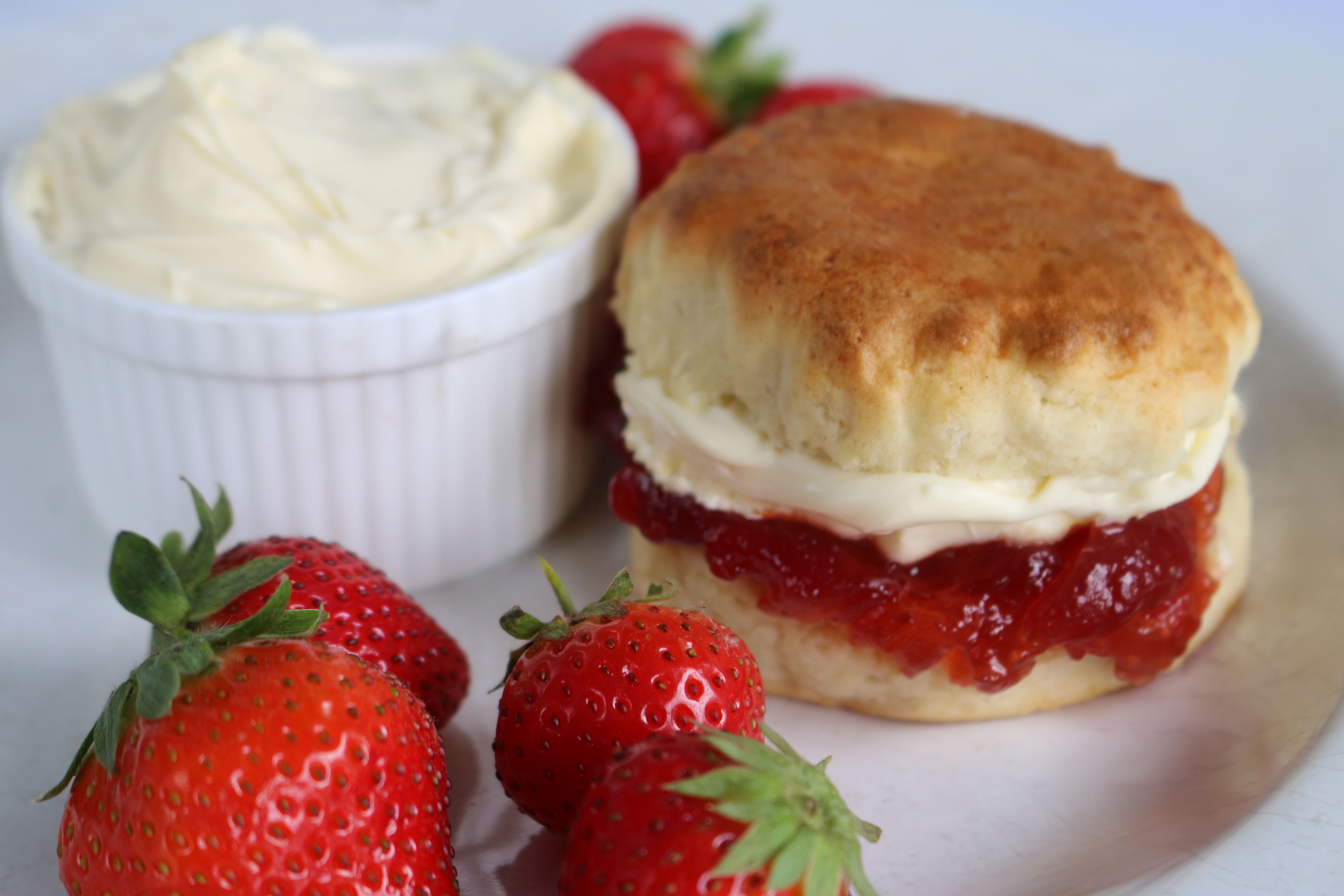 Full frame image of individual plain scone with strawberry jam and clotted cream and strawberries on white plate, ramekin of clotted cream, traditional English afternoon tea, baked good topped with jam and cream the Cornish way, elevated view