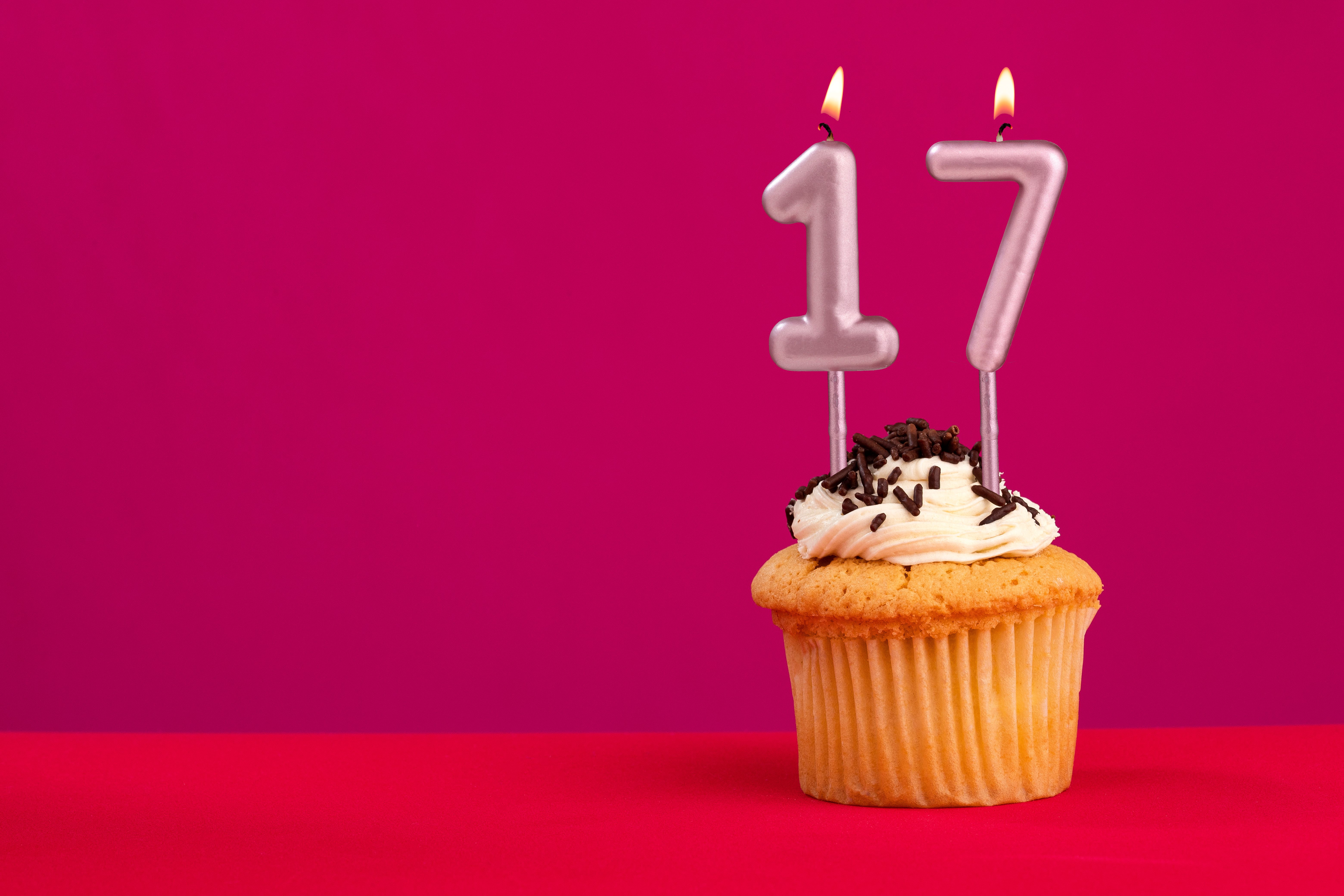 Candle number 17 - Cake birthday in rhodamine red background