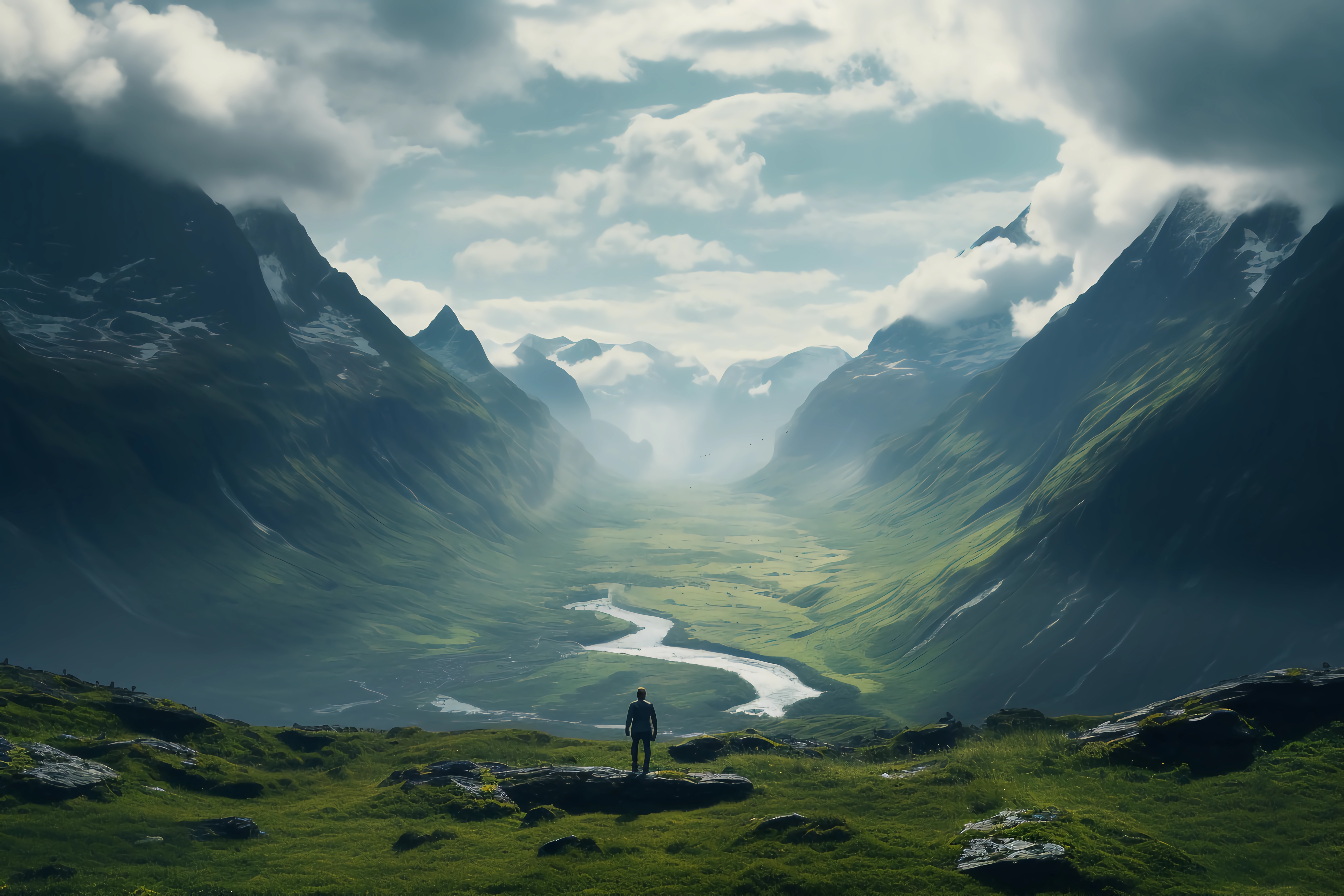 natural scenery a person stand on a mountaintop over a beautiful rive and waterfall natural scenery a person stand on a mountaintop over a beautiful rive and waterfall