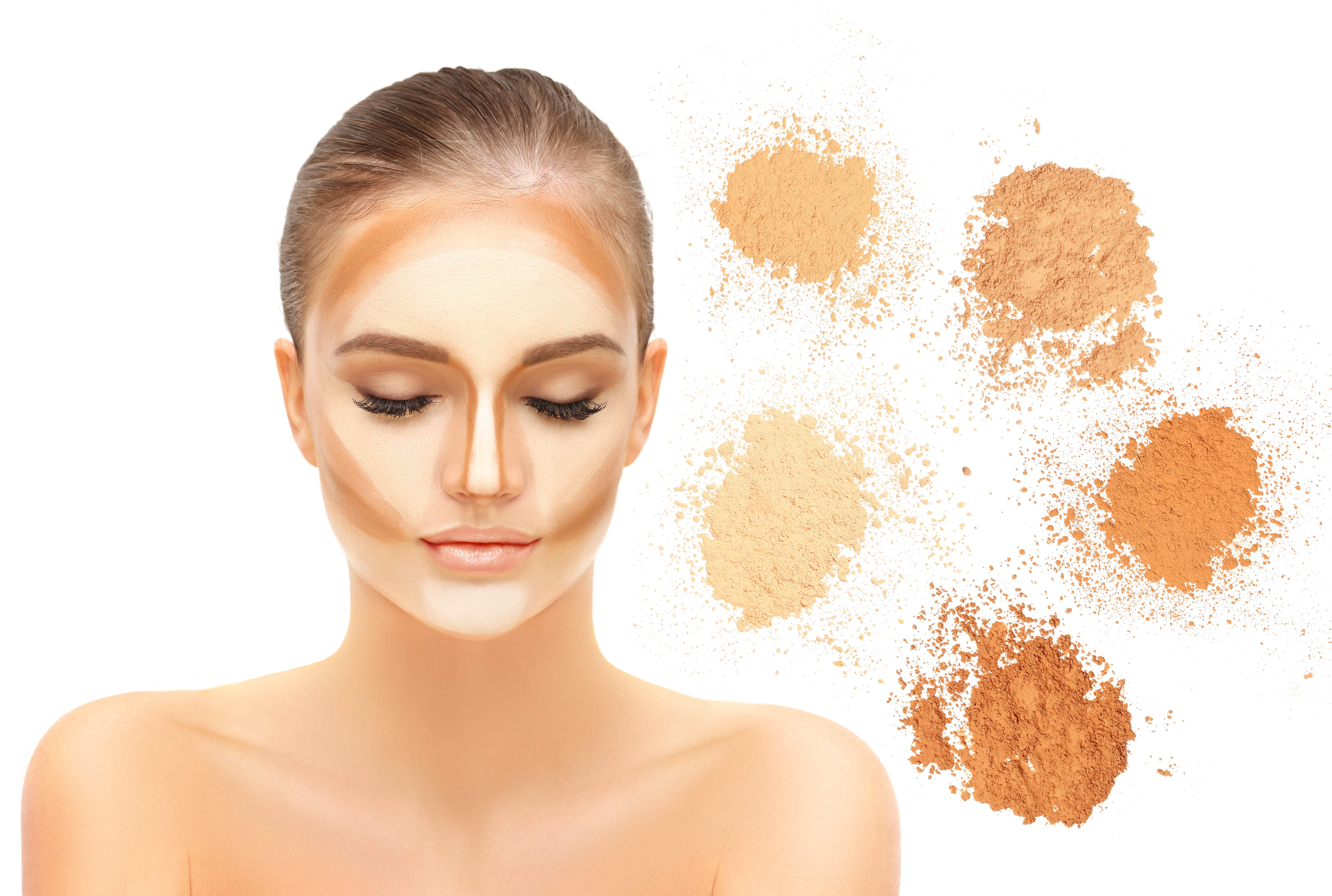 Contouring.Make up woman face. Contour and highlight makeup.Collection of make up liquid foundation strokes on white
