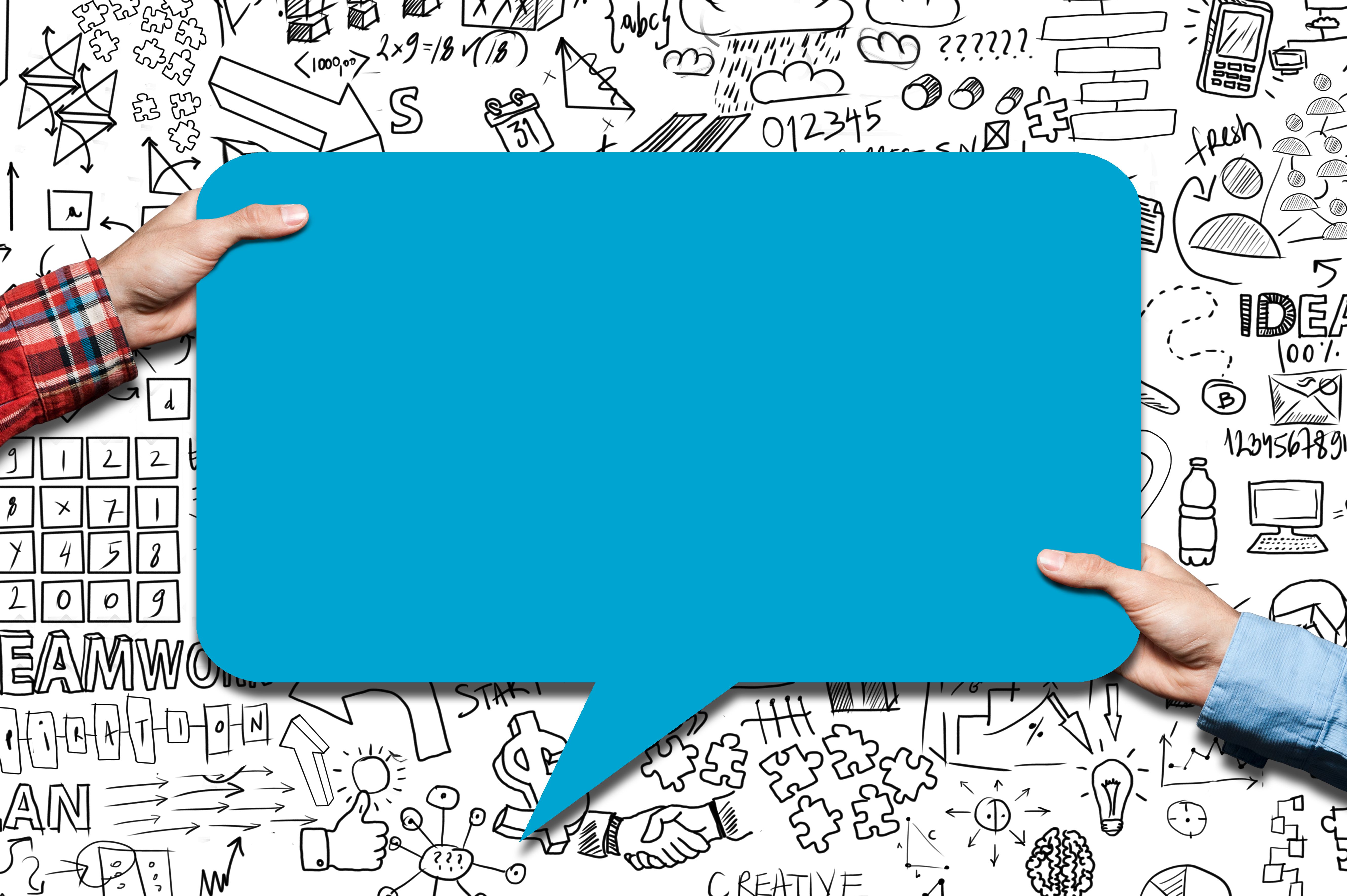 Two hands holding speech bobble / Whiteboard concept (Click for more)