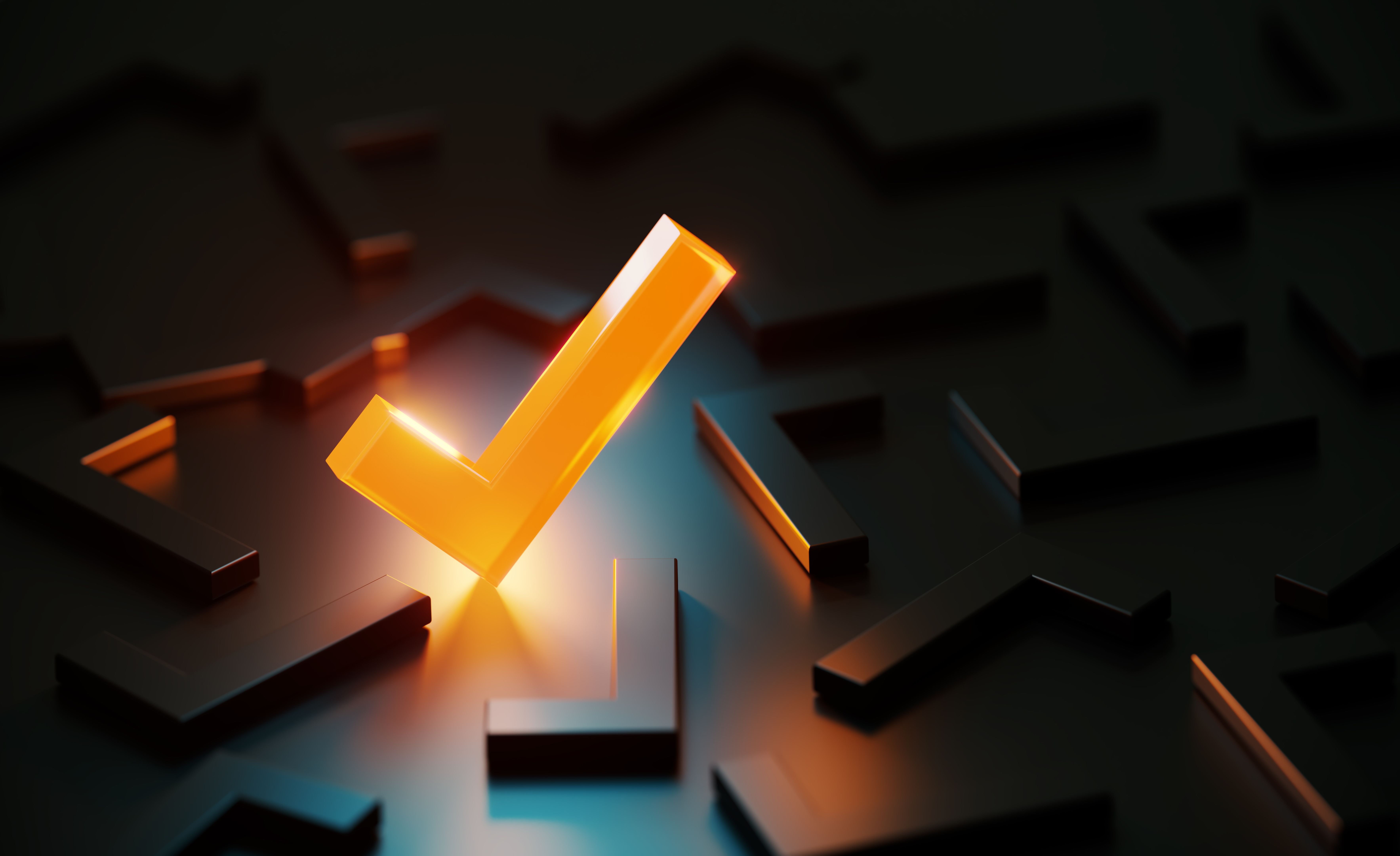 Orange Check Mark Glowing Amid Black Check Marks On Black Background Orange Check Mark Glowing Amid Black Check Marks On Black Background