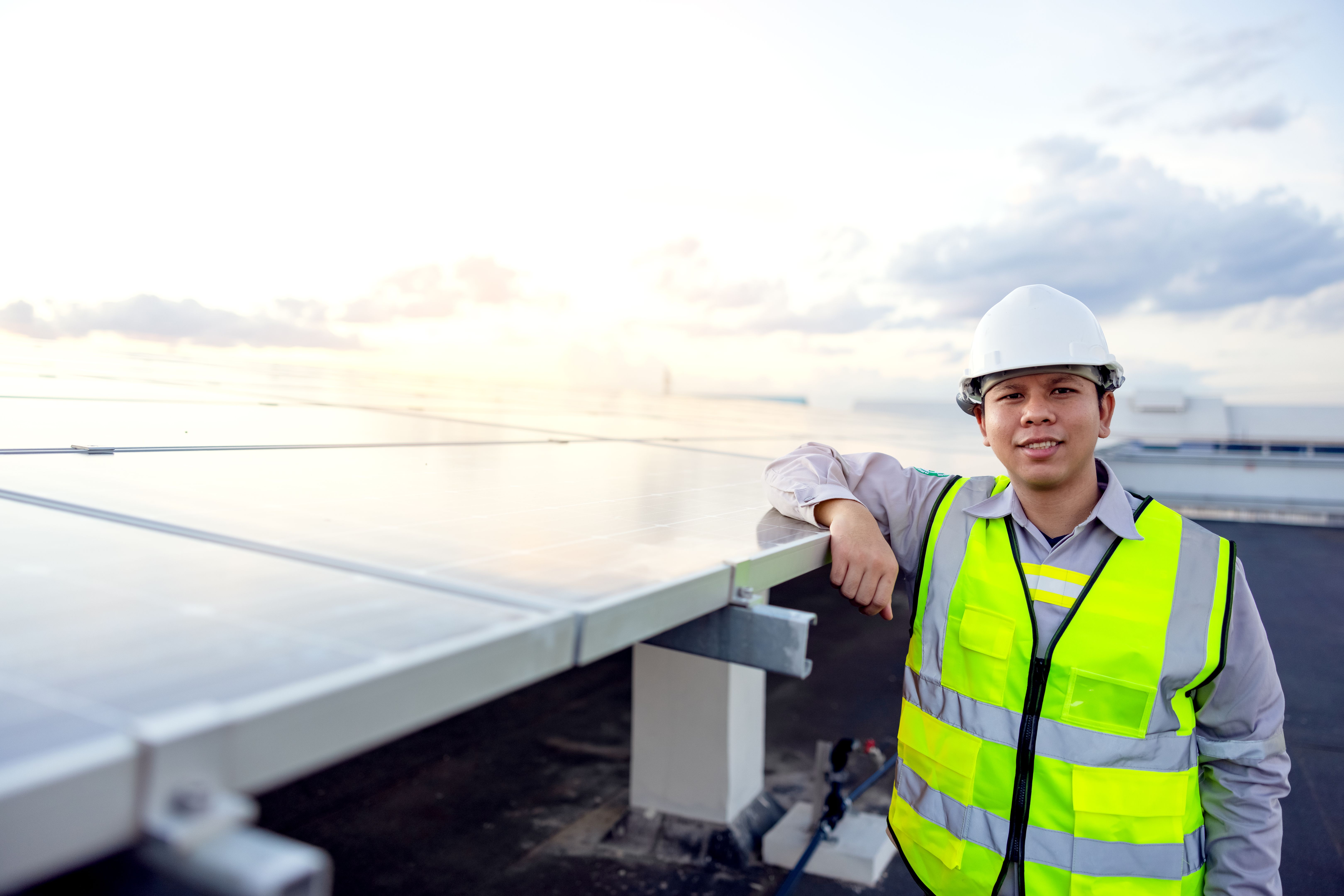 Solar PV installation practical trainee with hard hat at CAN Academy Kota Damansara