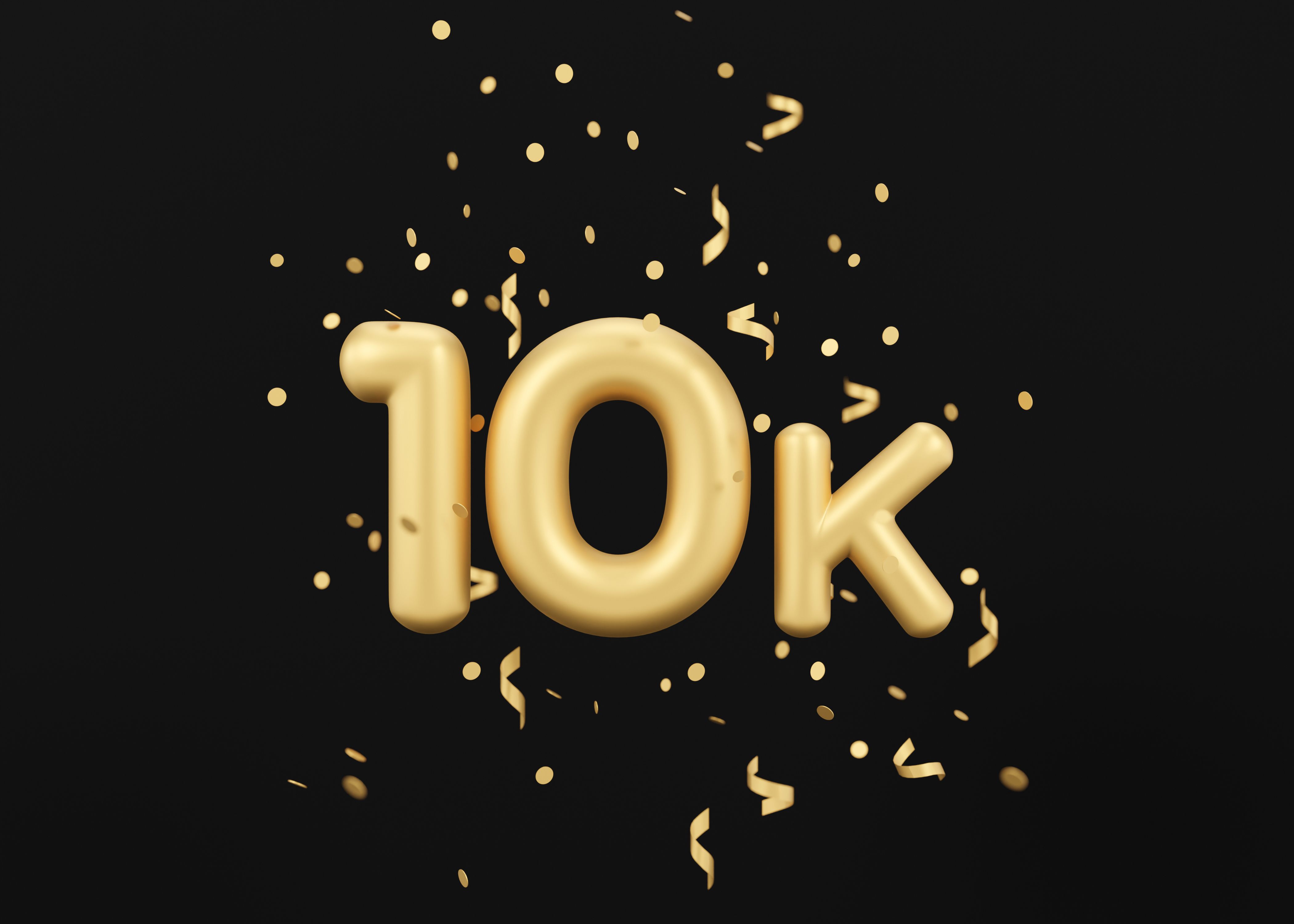 10000 followers card with golden confetti on black background. Banner for social network, blog. 10k followers, likes celebration. Social media achievement poster. Ten thousand subscriber. 3d render.