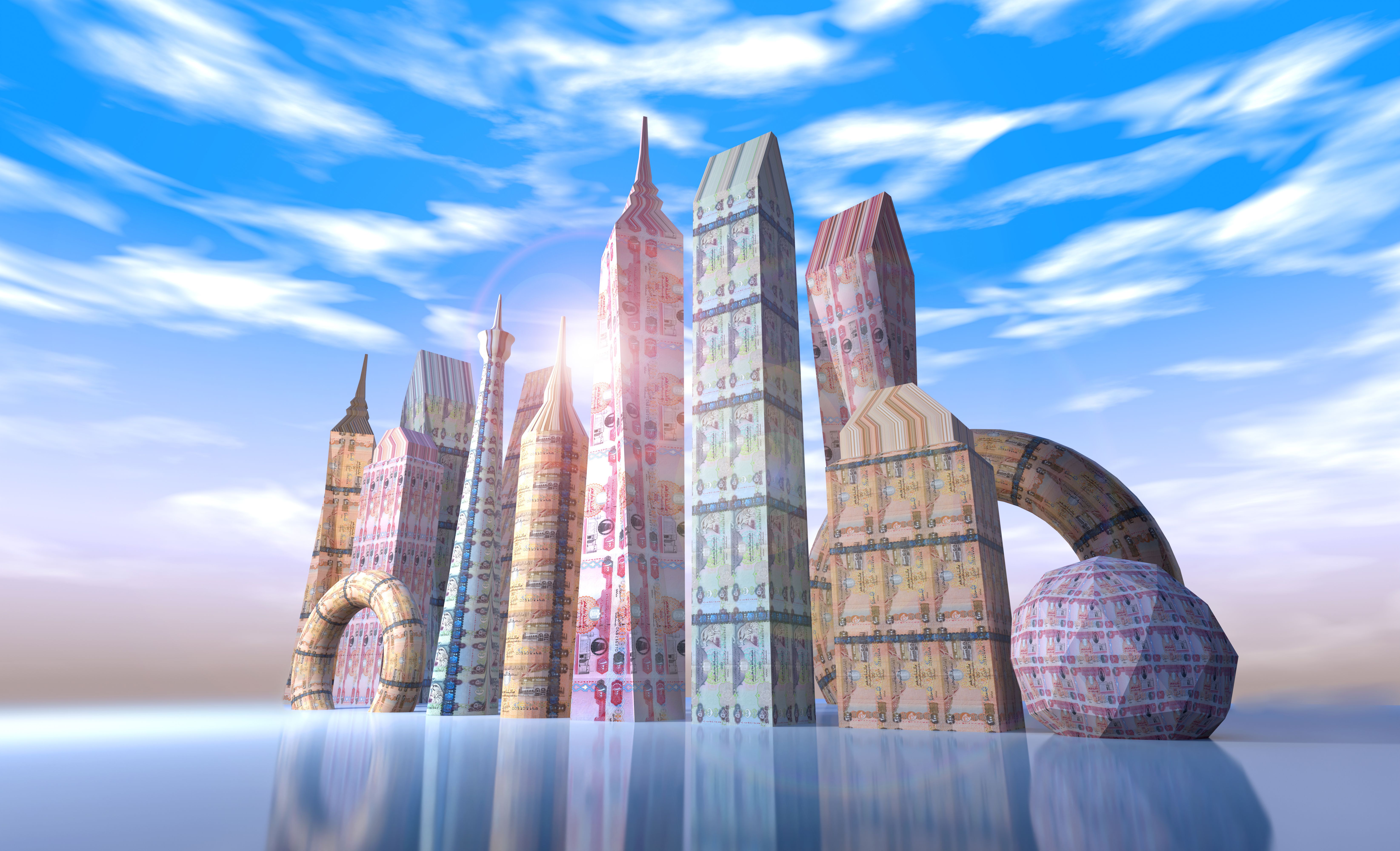 Buildings with United Arab Emirates Currency Dirham Notes - 3D Illustration Render Buildings with United Arab Emirates Currency Dirham Notes - 3D Illustration Render