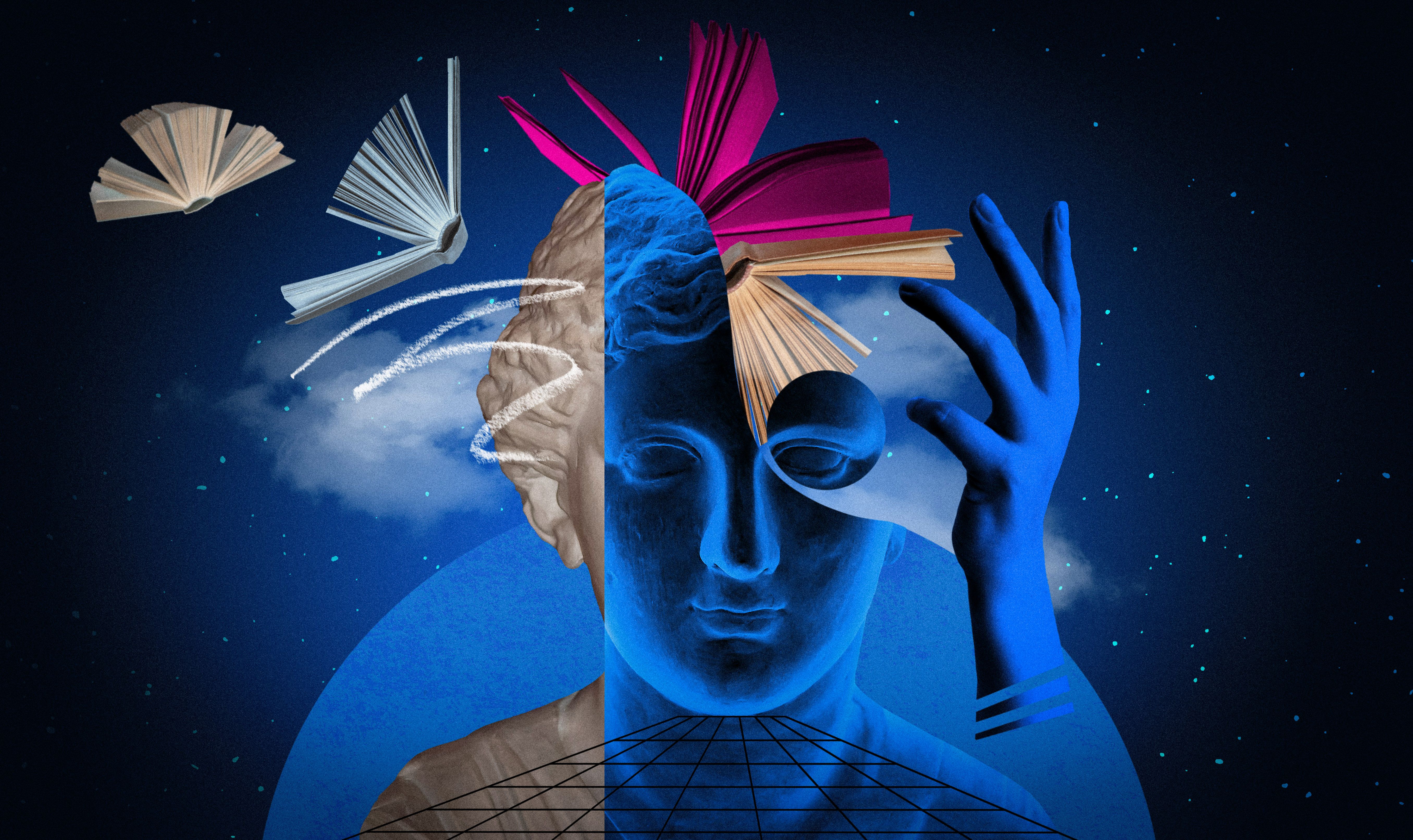 Abstract human antique statue and books. Creative idea symbol, art design or collage. Mental Health, thinking, psychology, education concept Abstract human antique statue and books. Creative idea symbol, art design or collage. Mental Health, thinking, psychology, education concept