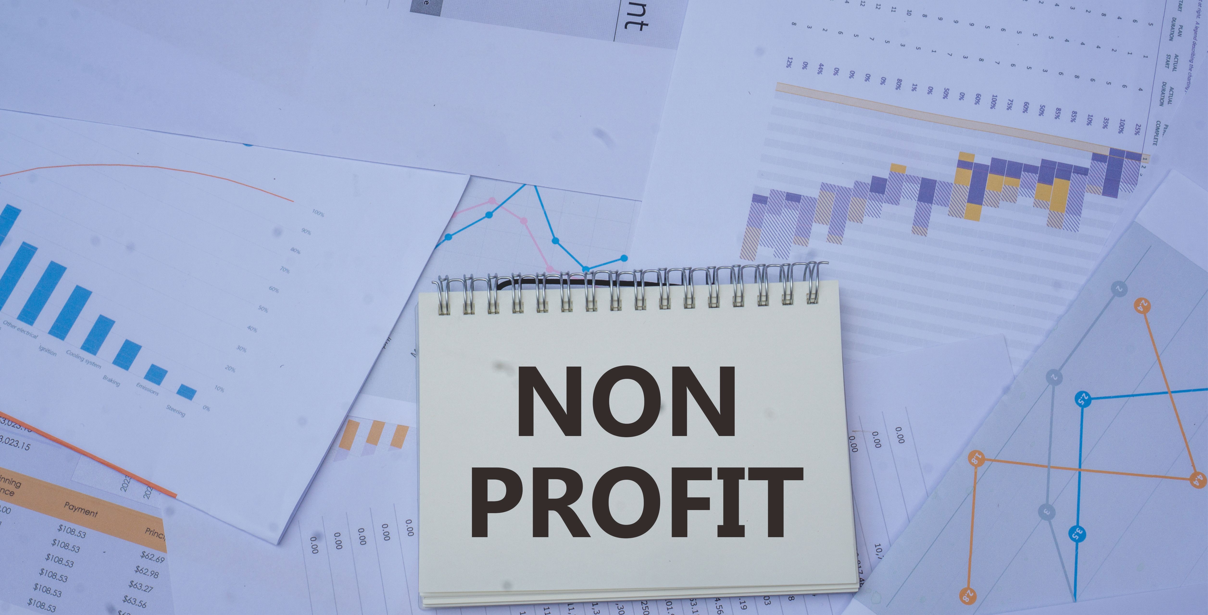 NON PROFIT symbol. Copy space, text template. Concept word NON PROFIT on notes with calculator and diagram charts in the background. Business and financial concept.