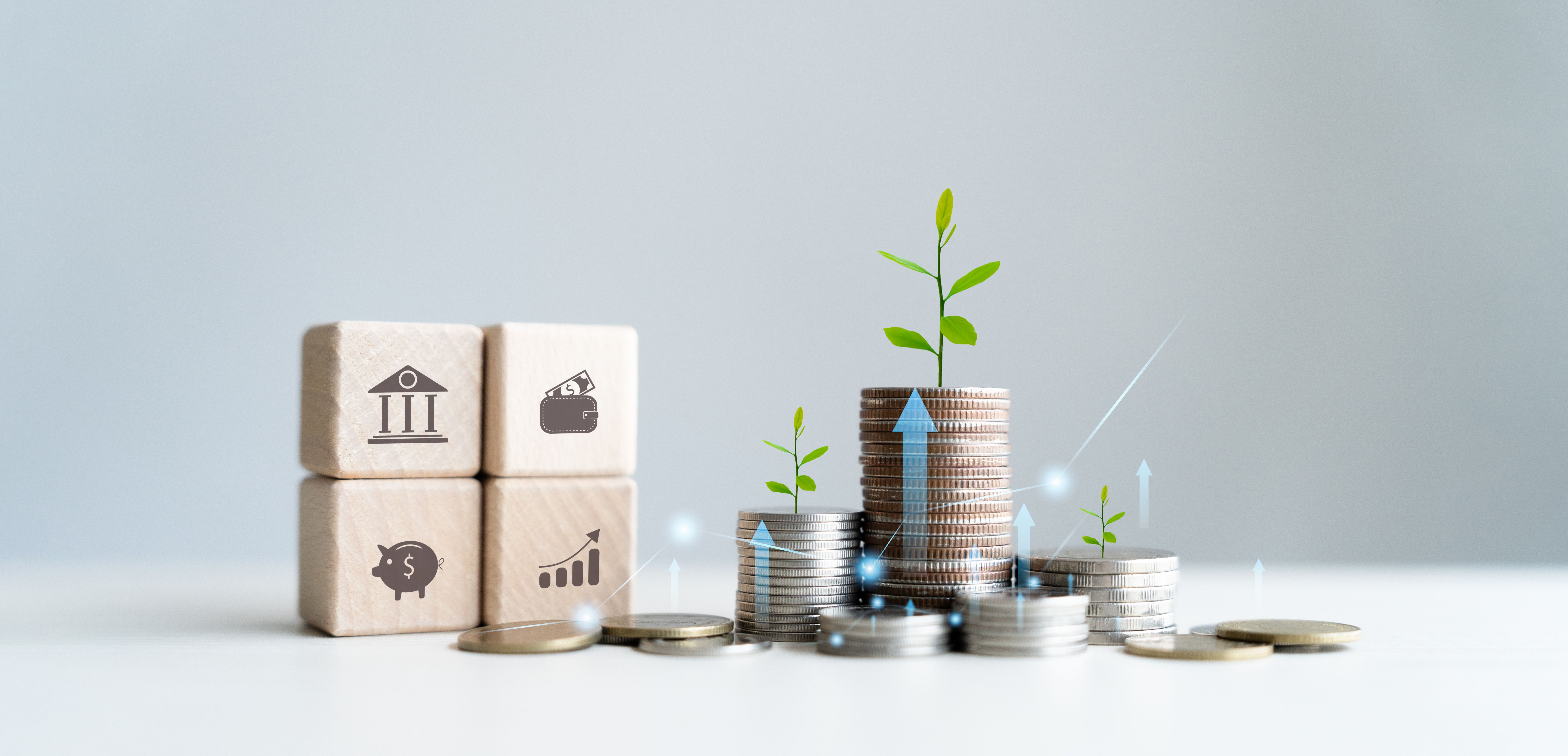 Stack of growth coins Annual financial plan for saving money, budgeting, taxes, investing, finances, savings, and New Year's retirement ideas.