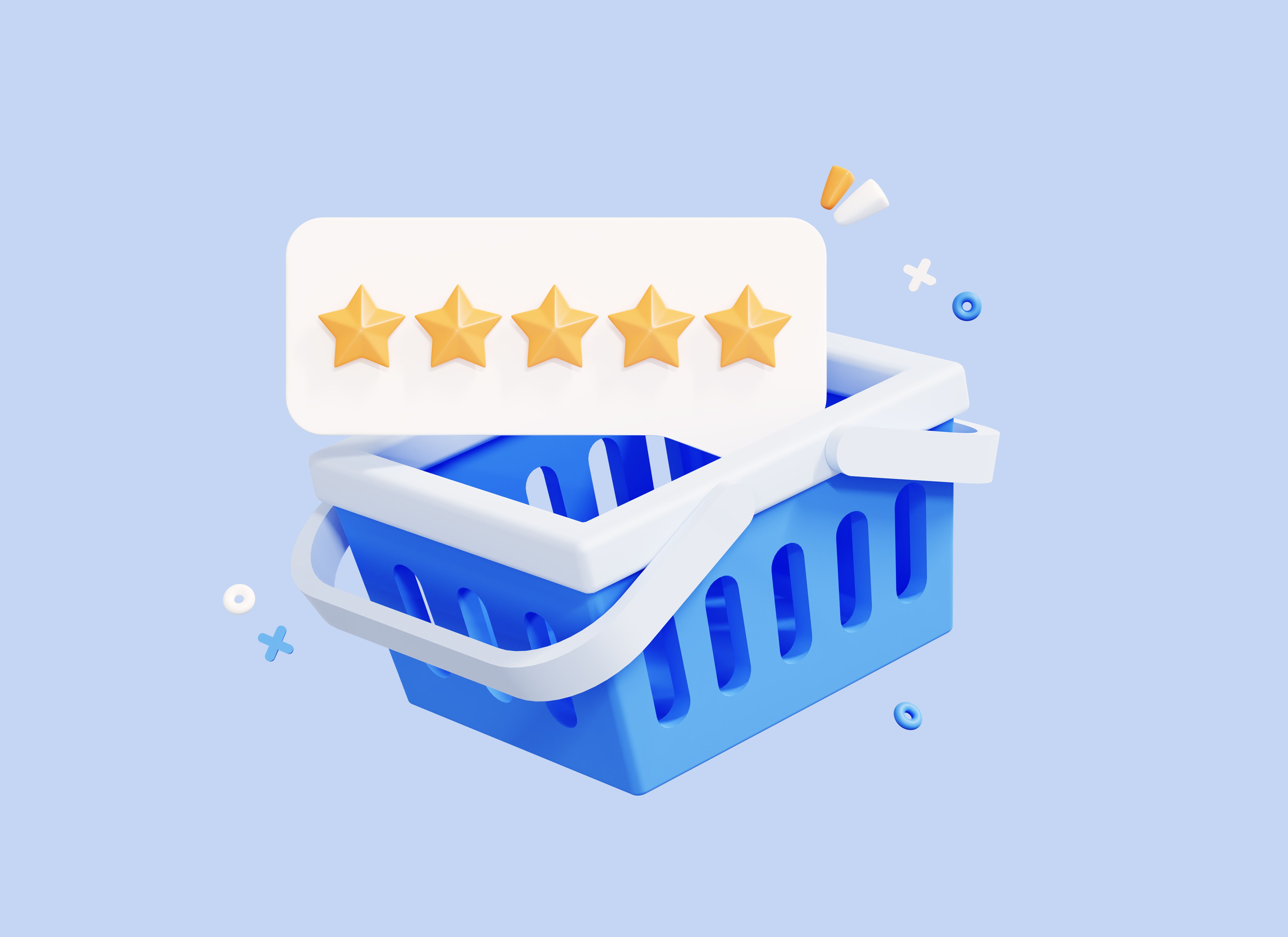 3D Shopping basket with five star rating for products. Good seller review. Customer rating feedback concept. Best grocery store and supermarket. Cartoon icon isolated on blue background. 3D Rendering