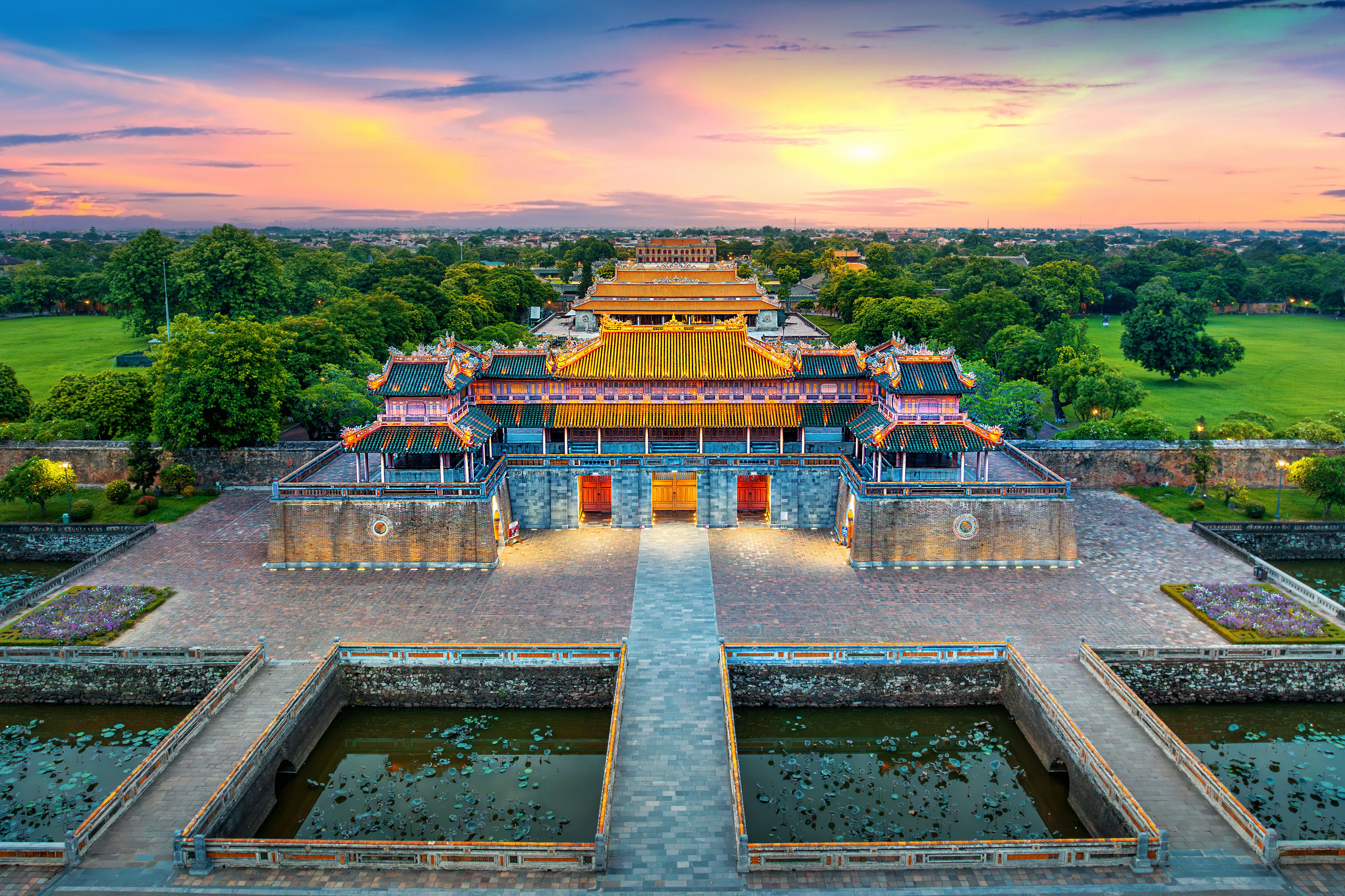 Aerial view of Meridian Gate Hue at sunset in Vietnam.