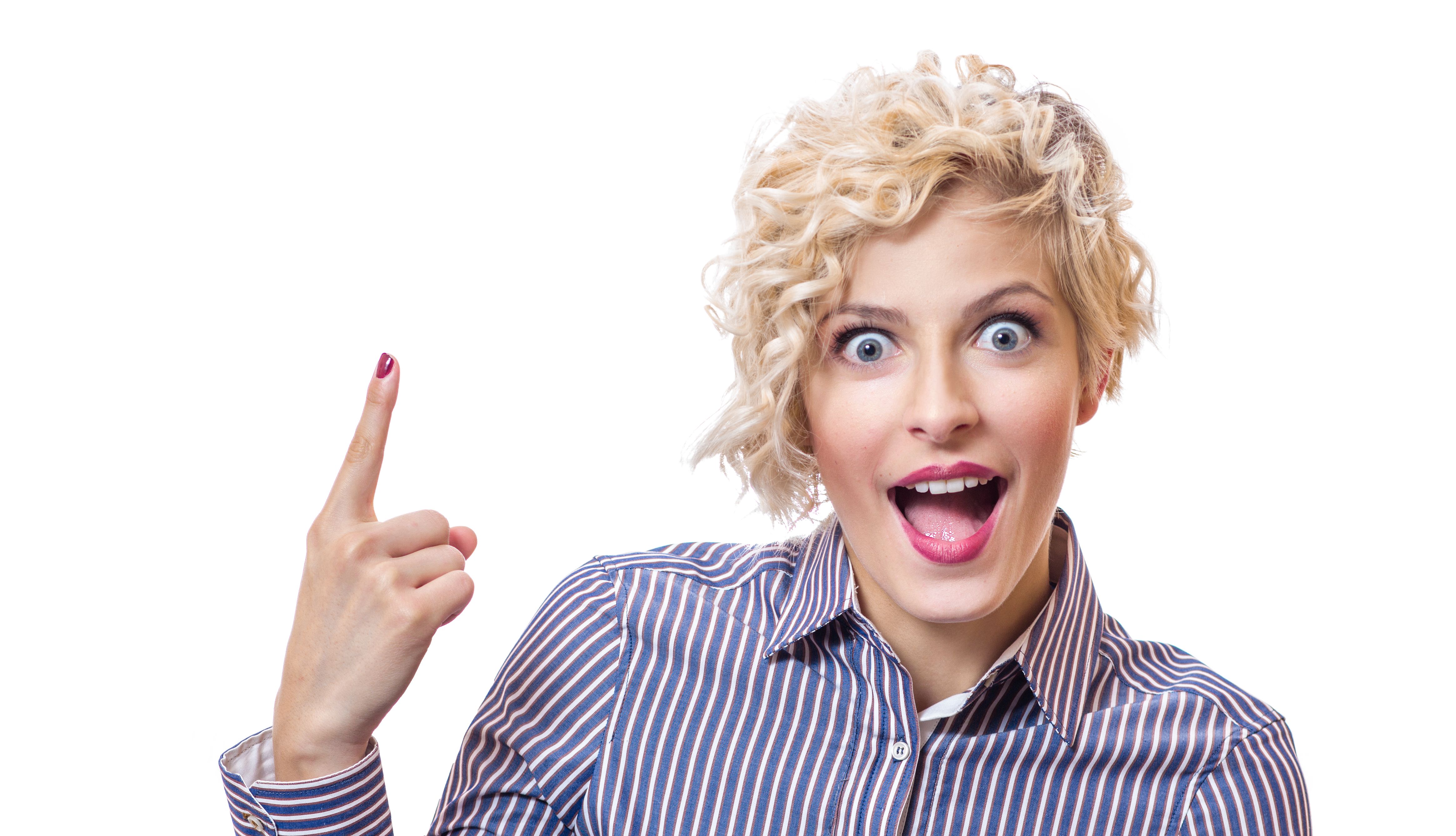 Surprised business woman showing with their finger up