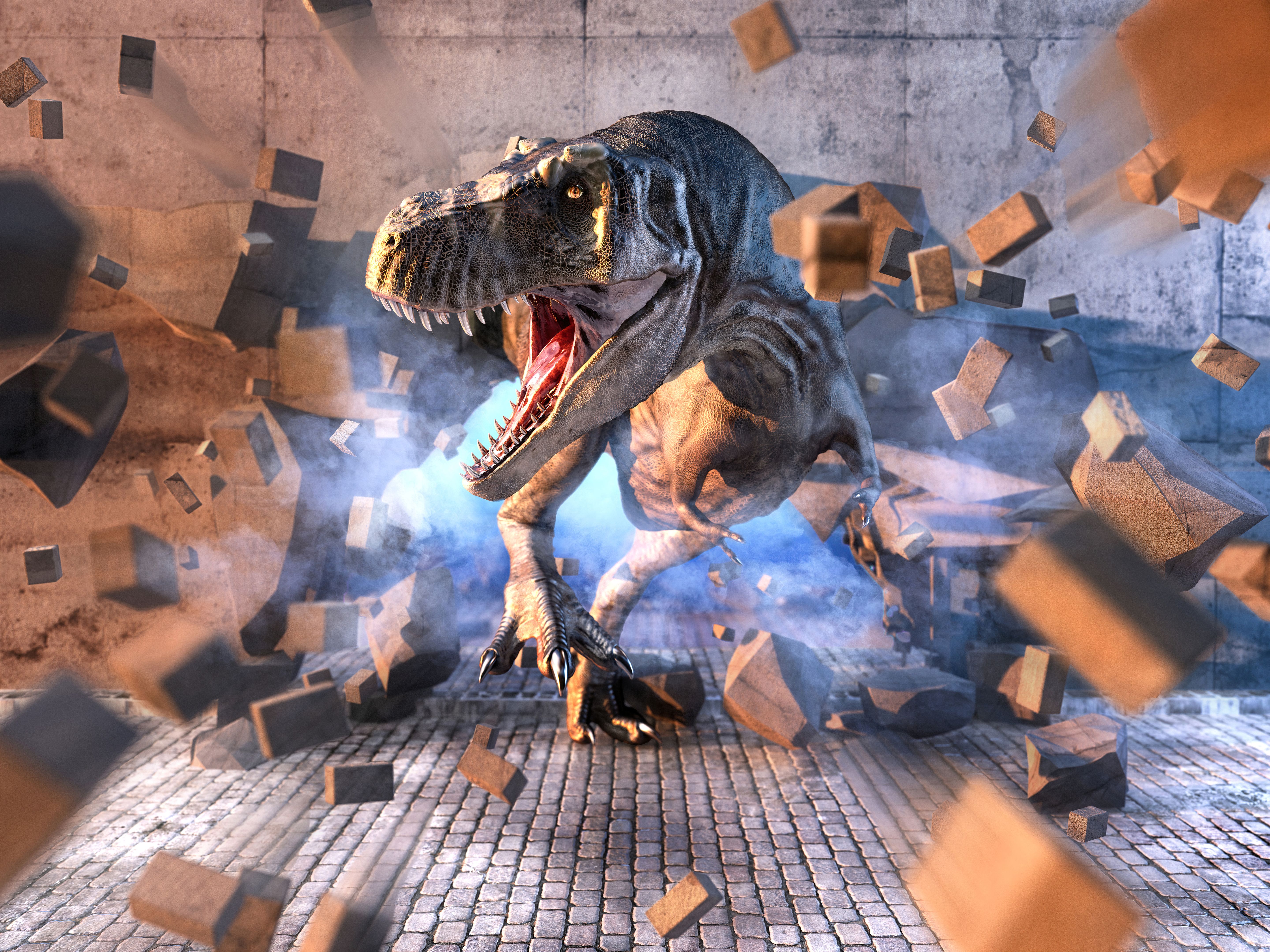 Tyrannosaurus Rex, 3D rendering. Ferocious dinosaur breaking through wall, surrounded by flying debris.