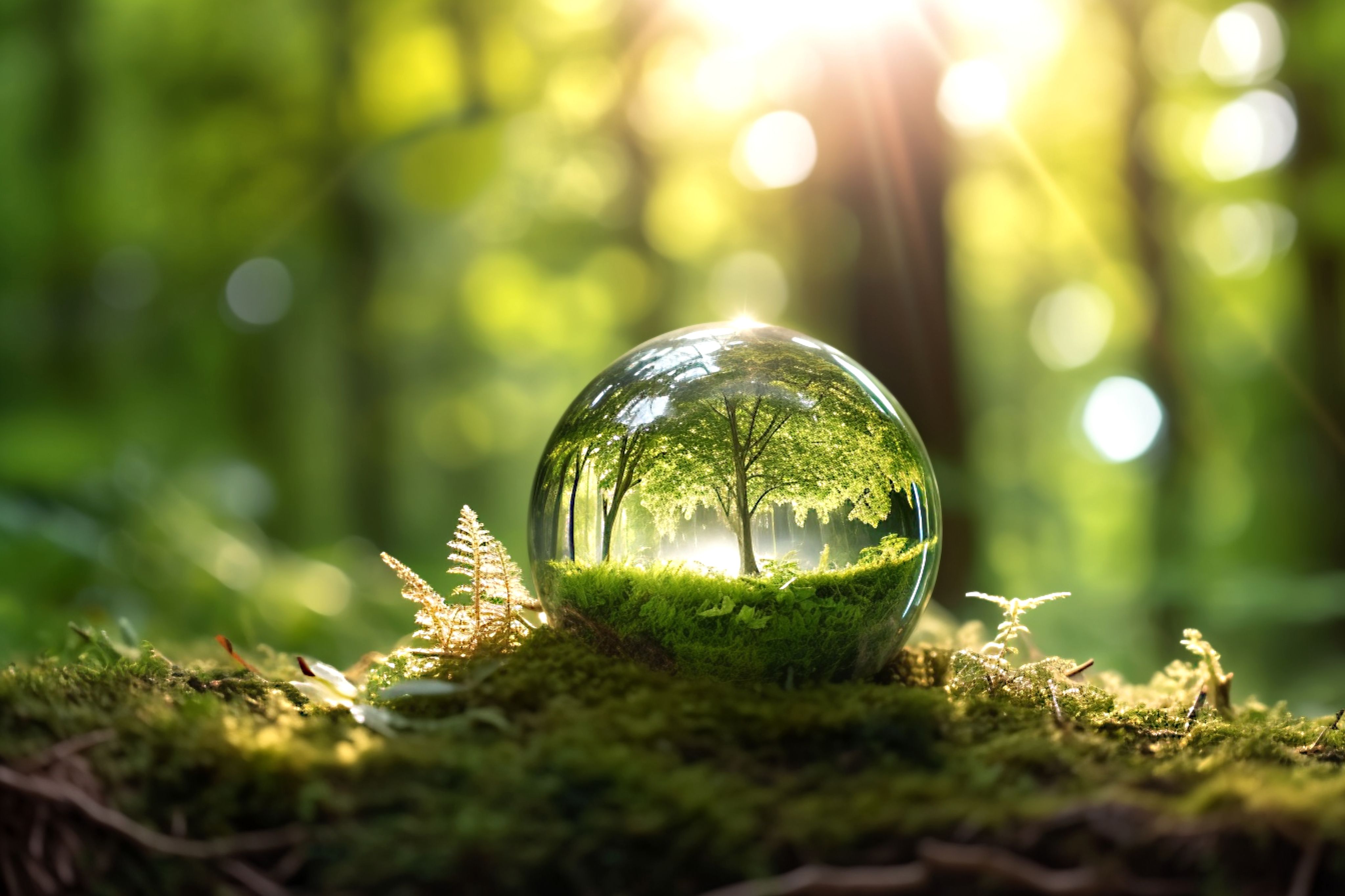 Environment Concept - Green glass Globe with a Tree in the Forest With Sunlight. Sustainability Concept. Green world. Environment Concept - Green glass Globe with a Tree in the Forest With Sunlight. Sustainability Concept. Green world.