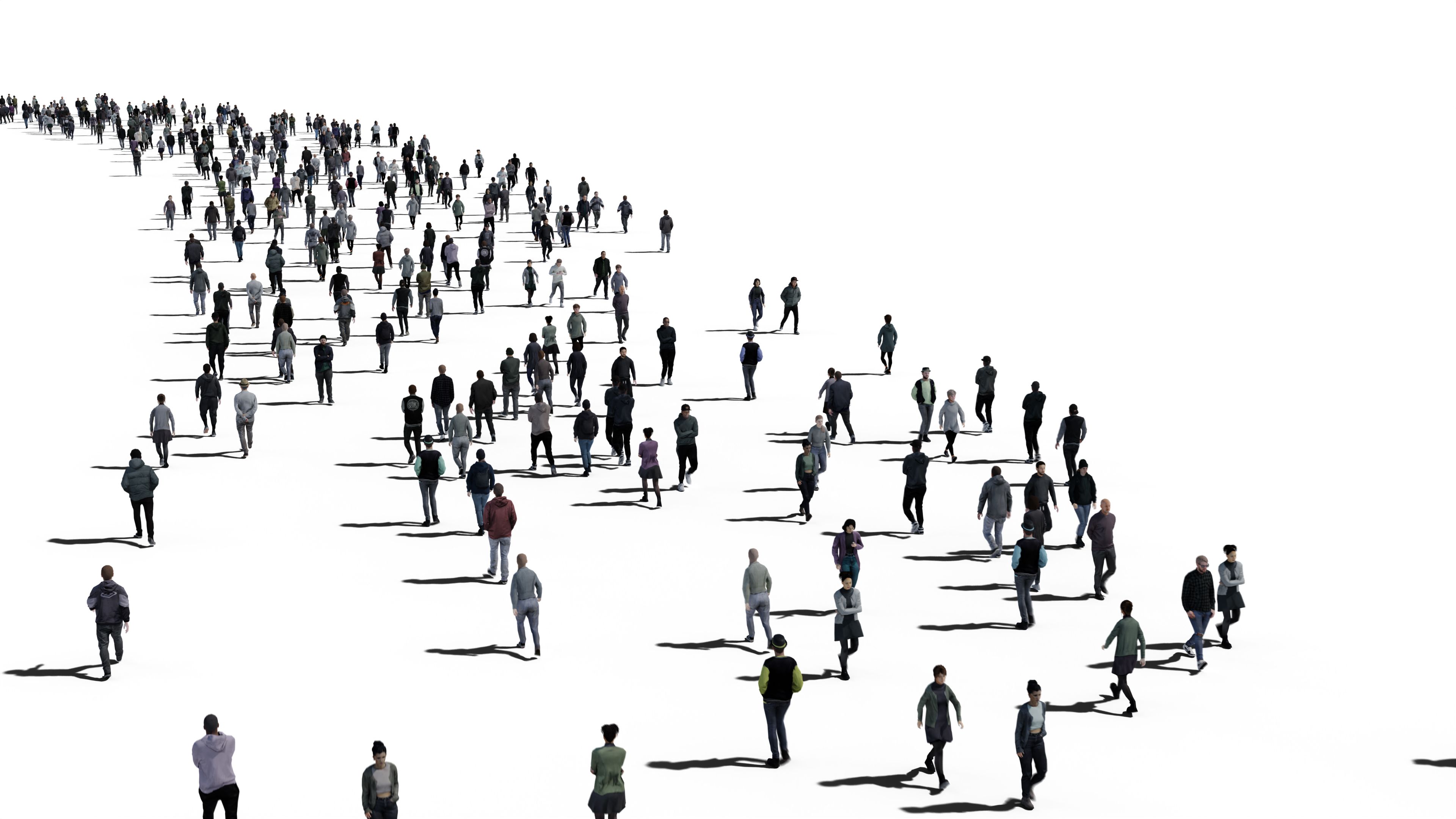 3d illustration of a crowd of people walking down the street on white background