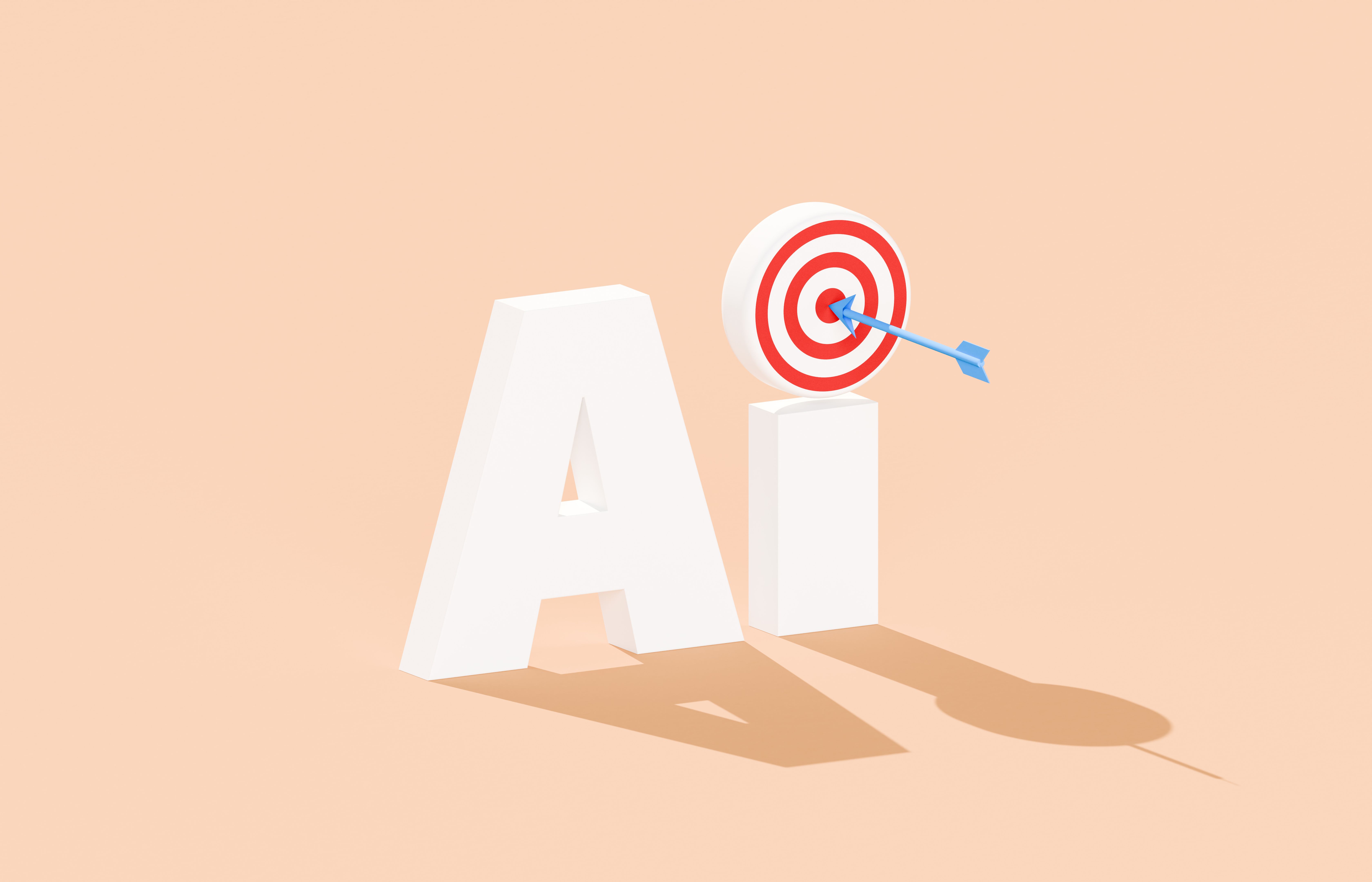 AI Text with Targeted 'I' and Blue Arrow Hitting Bulls Eye on Peach Background